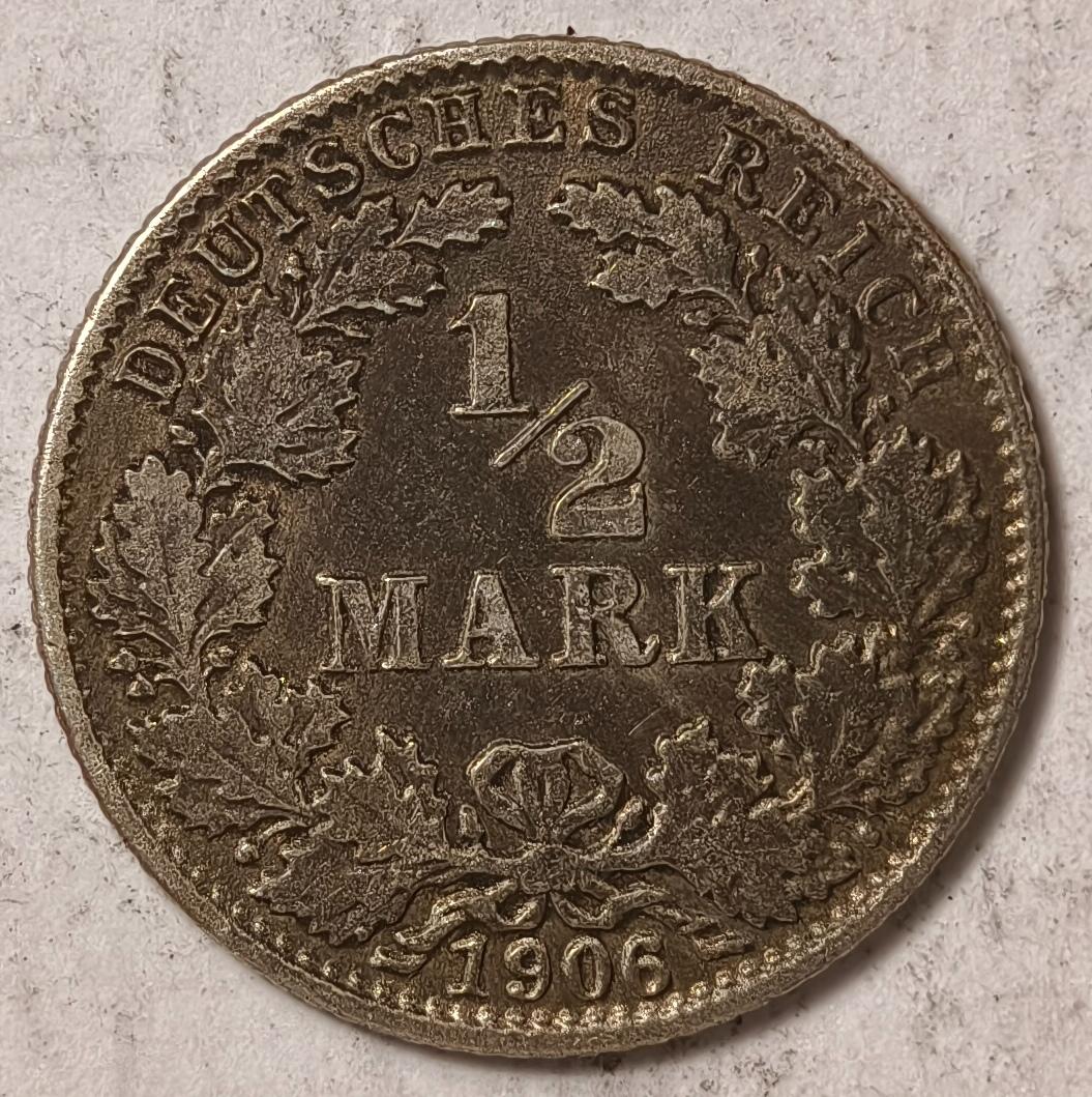 紫瑗钱币——第374期拍卖 德国 1906年 G版 第二帝国 1/2马克 银币 2.77克 0.9银 漆黑包浆