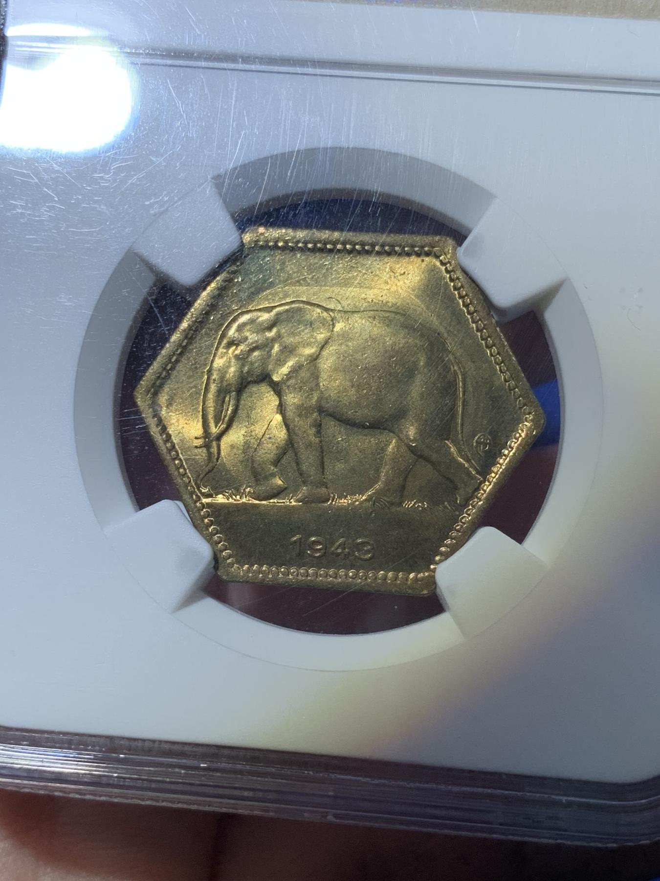 《竞宝斋》第272场- 周日，周一，周二  3场连拍 （全场包邮） NGC MS64 比属刚果1943年六边形大象2法郎 全原光少见