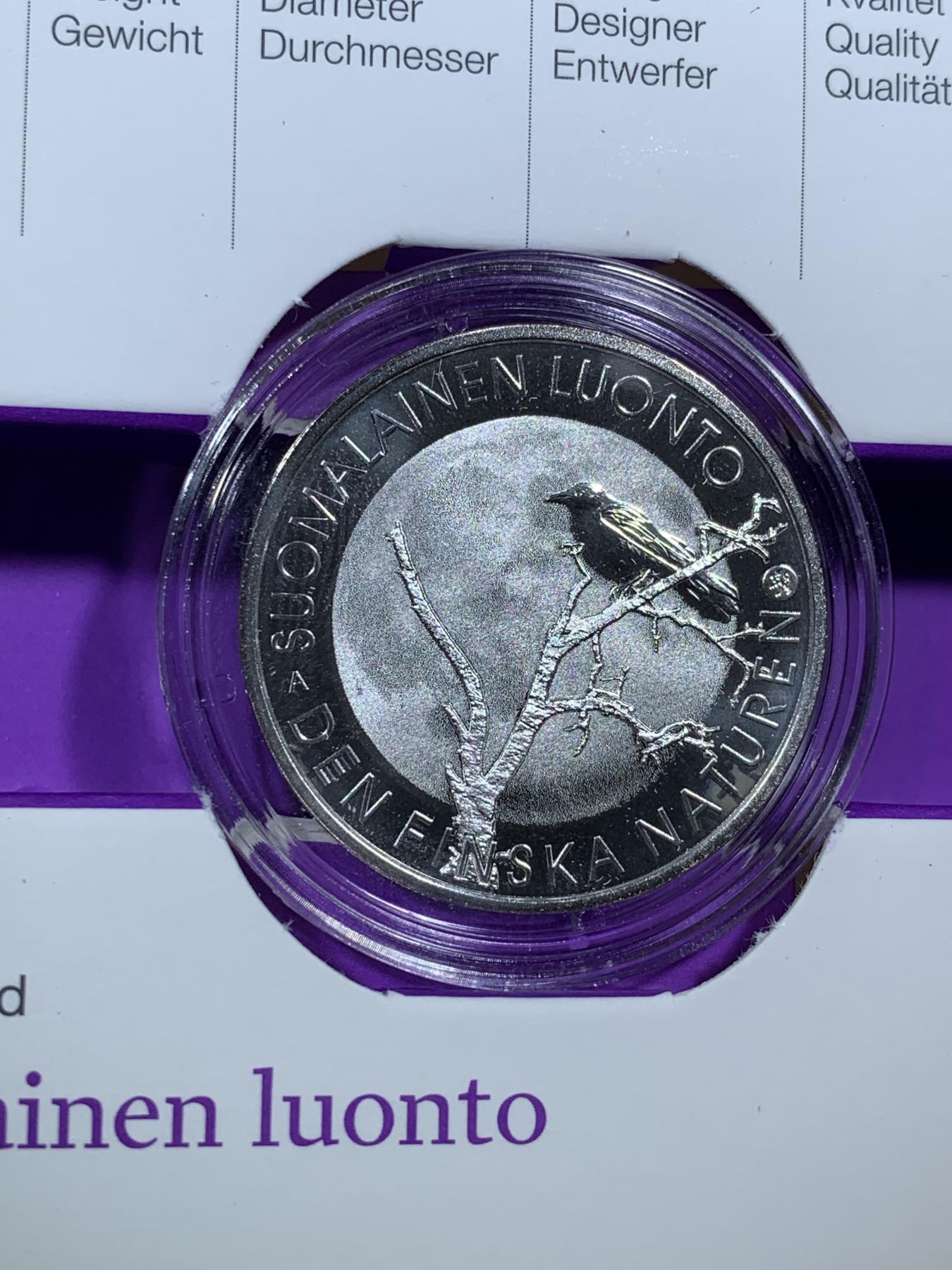 《竞宝斋》第272场- 周日，周一，周二  3场连拍 （全场包邮） 芬兰 2017年 独立百年 野生动物保护系列 小乌鸦 10欧元 精制银币 发行量仅一万 稀少