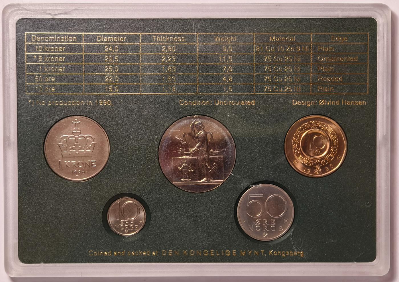 紫瑗钱币——第374期拍卖 挪威 1990年 流通硬币 5枚套 带一枚纪念币 造币厂原盒