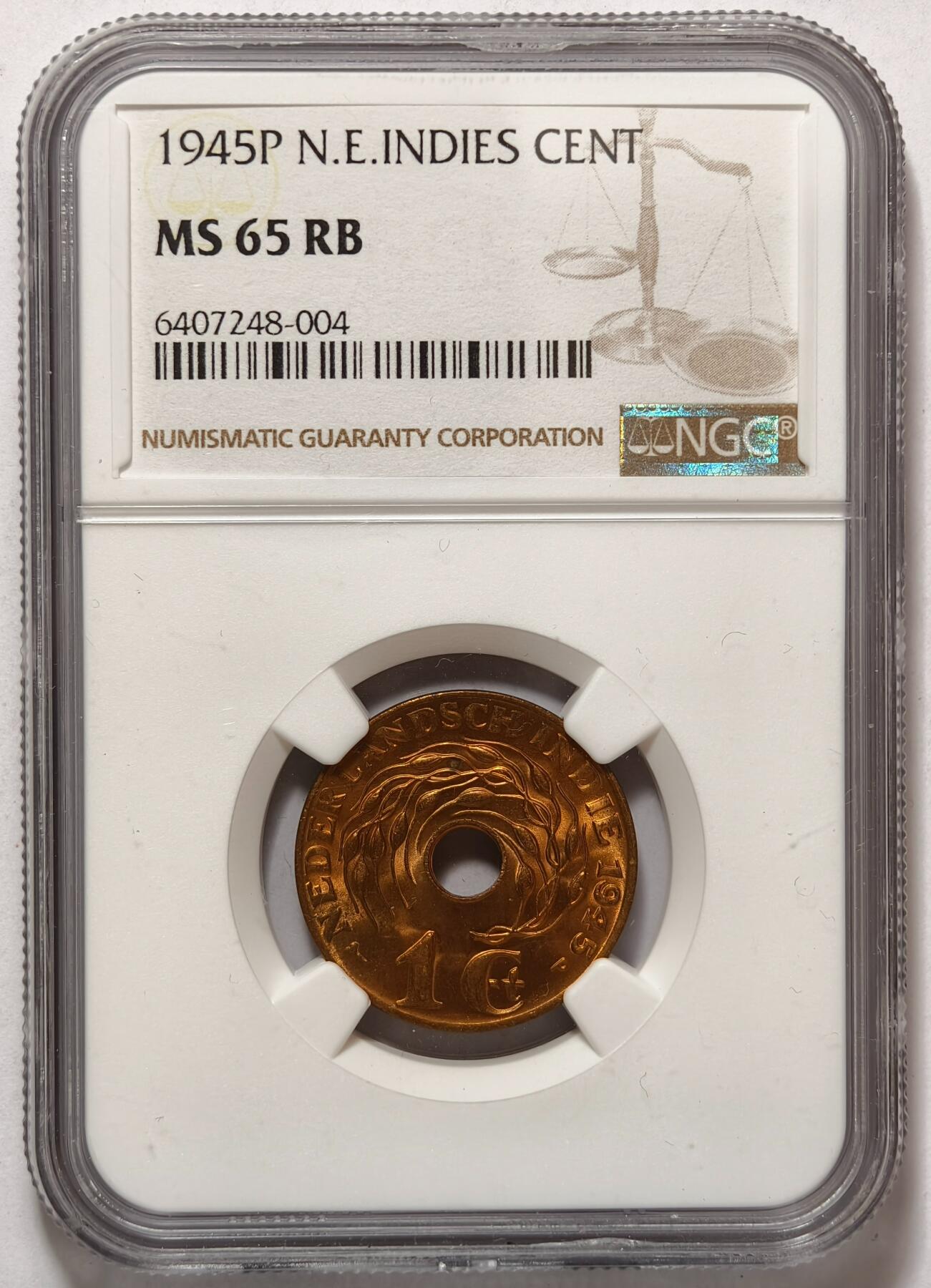 紫瑗钱币——第464期 荷属东印度 1945年 P版 1分 中孔 NGC MS65 RB
