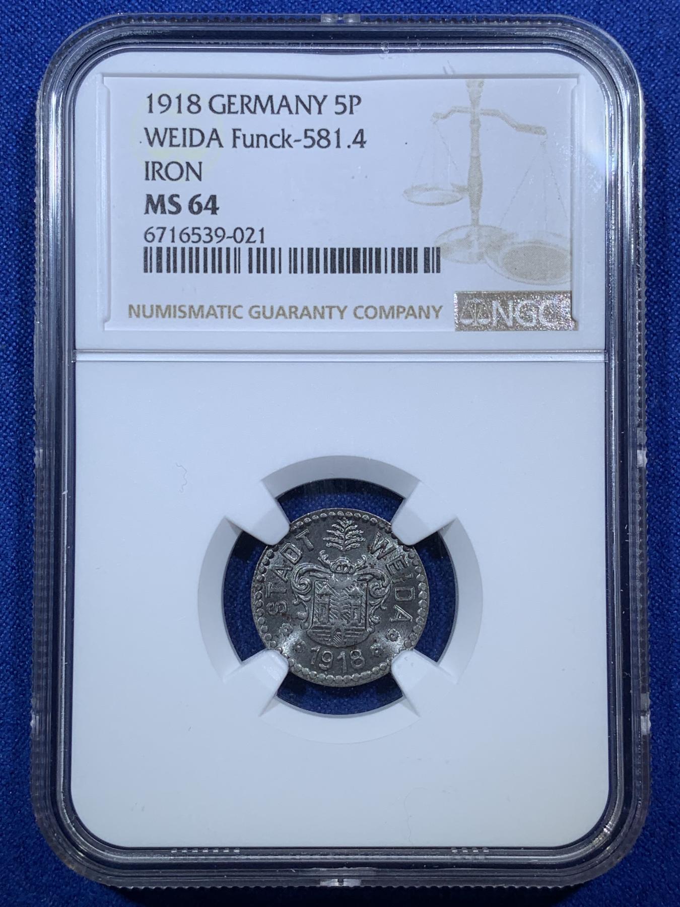 《竞宝斋》第272场- 周日，周一，周二  3场连拍 （全场包邮） NGC MS64 1918年德国紧急状态币5芬尼 铁币高分十分难得！