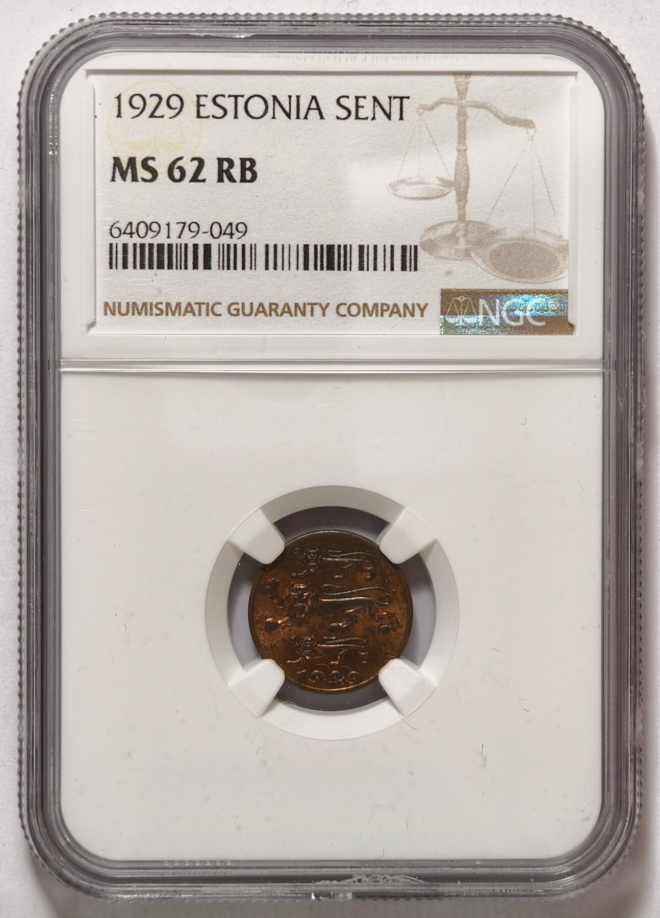 紫瑗钱币——第464期 爱沙尼亚 1929年 1生丁 铜币 NGC MS62 RB