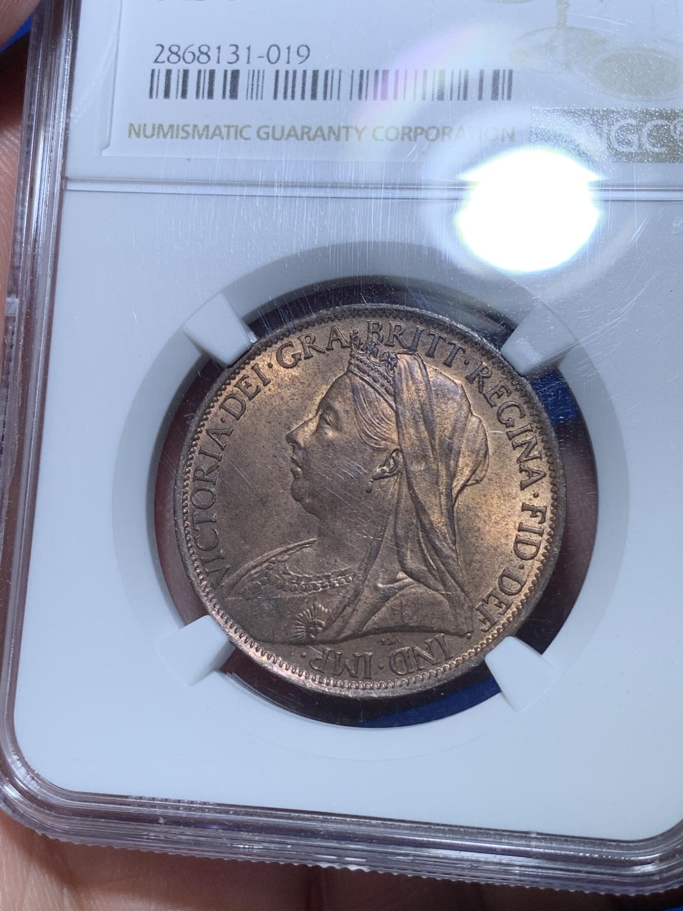 《竞宝斋》第272场- 周日，周一，周二  3场连拍 （全场包邮） NGC MS64RB 英国1901年维多利亚披纱1便士大铜币 铜光闪闪