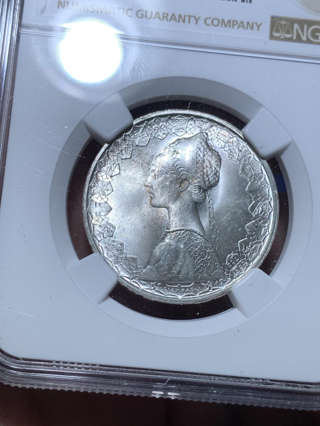 《竞宝斋》第272场- 周日，周一，周二  3场连拍 （全场包邮） NGC MS64 意大利 1967年 500里拉 美女帆船 银币 卷拆品