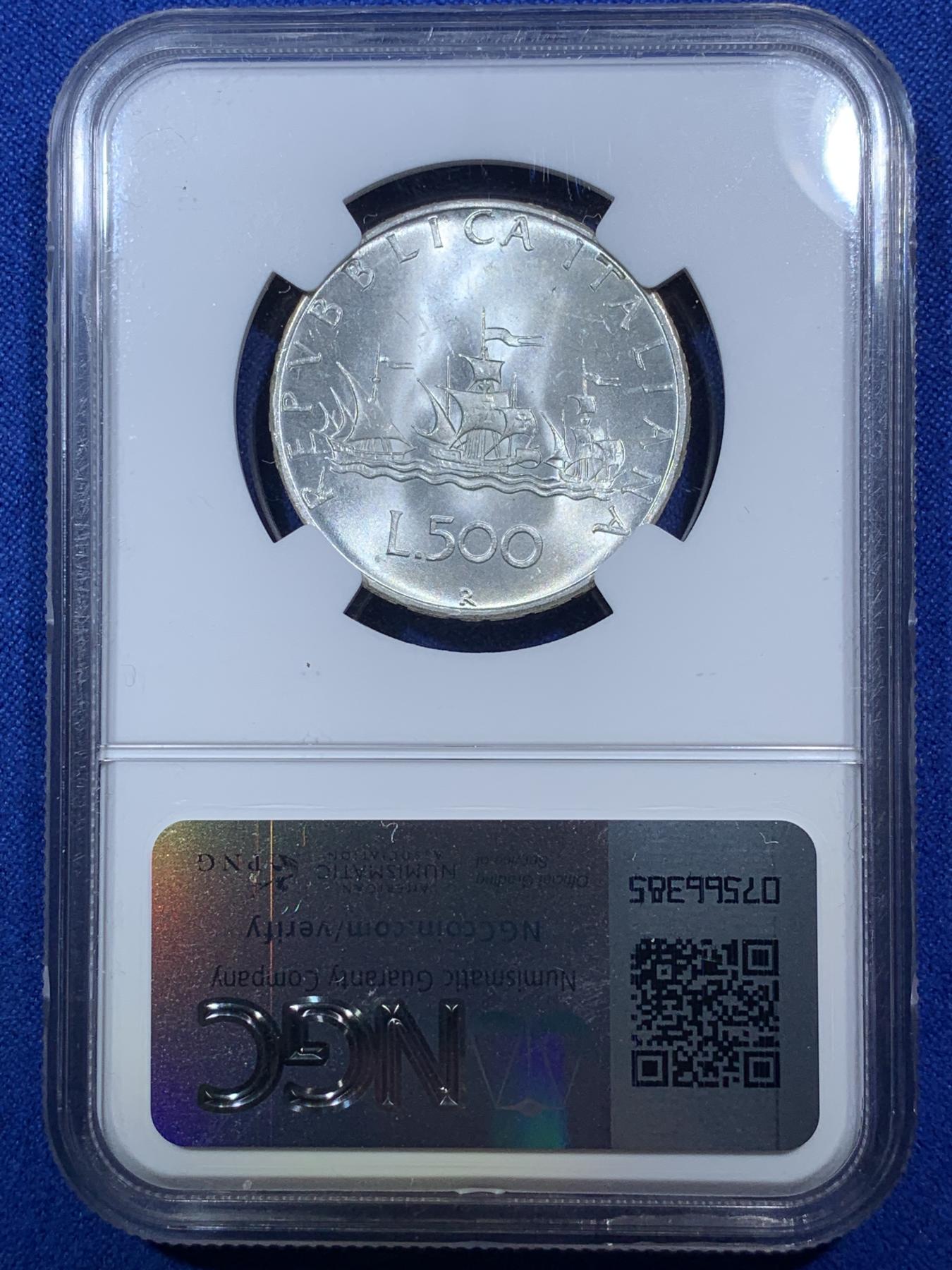 《竞宝斋》第272场- 周日，周一，周二  3场连拍 （全场包邮） NGC MS64 意大利 1967年 500里拉 美女帆船 银币 卷拆品