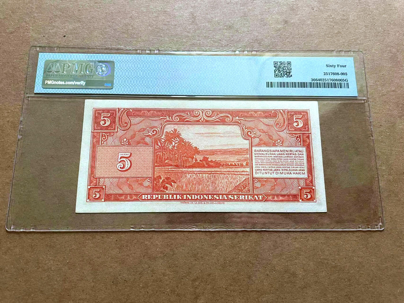 【Blue Auction】✨世界纸币精拍第482期【精】 印尼 早期 1950年5卢比 PMG64 沿袭荷属风格 （该套只有5和10两个面值）