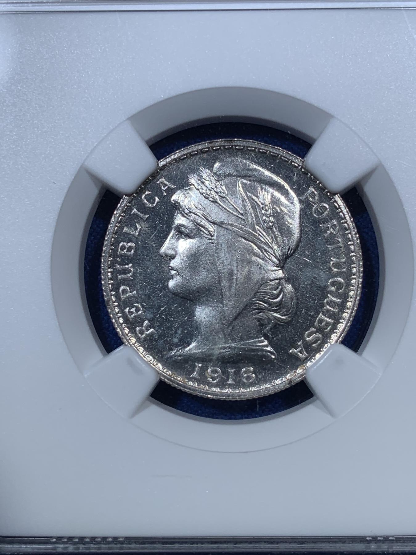 《竞宝斋》第272场- 周日，周一，周二  3场连拍 （全场包邮） NGC MS64 葡萄牙1916年20分银币 高分稀少