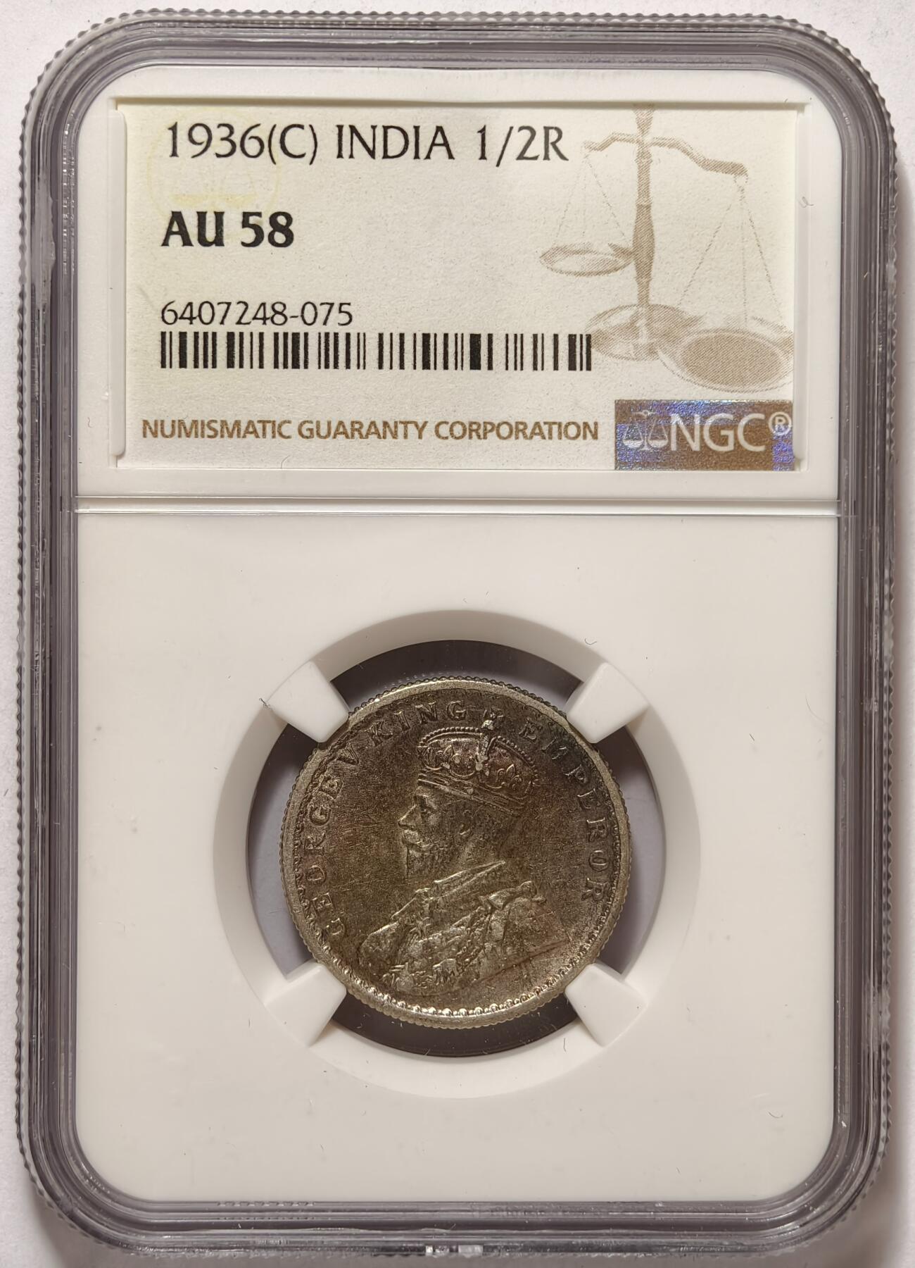 紫瑗钱币——第464期 英属印度 1936年 C版 乔治五世 1/2卢比 银币 NGC AU58