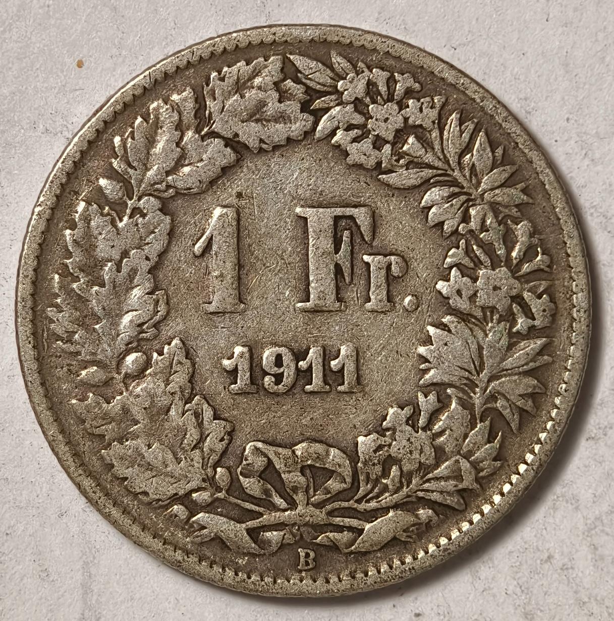 紫瑗钱币——第374期拍卖 瑞士 1911年 B版 赫尔维蒂女神 1法郎 5克 0.835银 