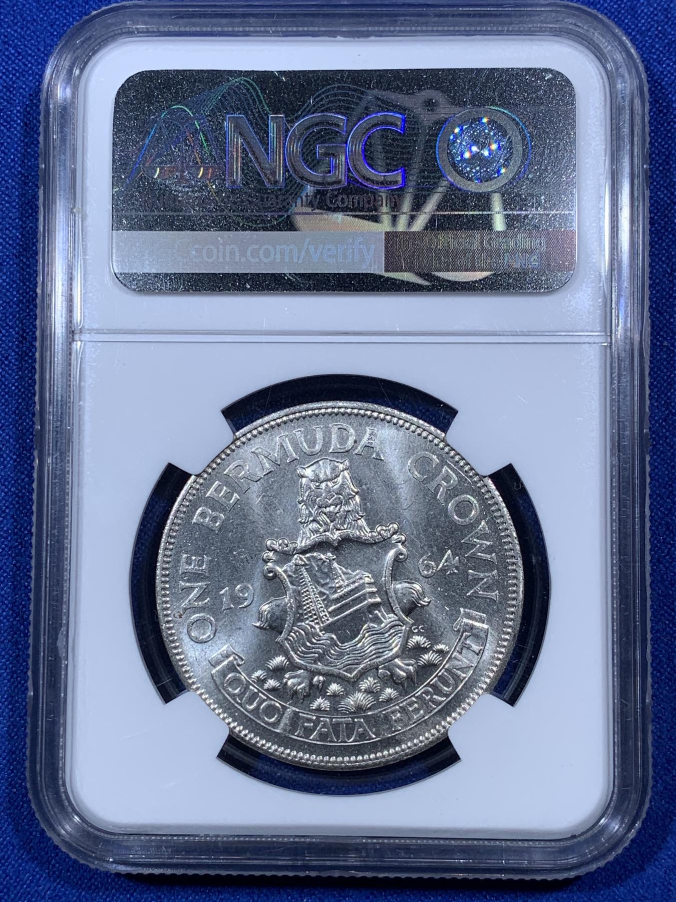 《竞宝斋》第272场- 周日，周一，周二  3场连拍 （全场包邮） NGC MS64 英属百慕大1964年伊丽莎白二世青年头像克朗银币 经典女王头像