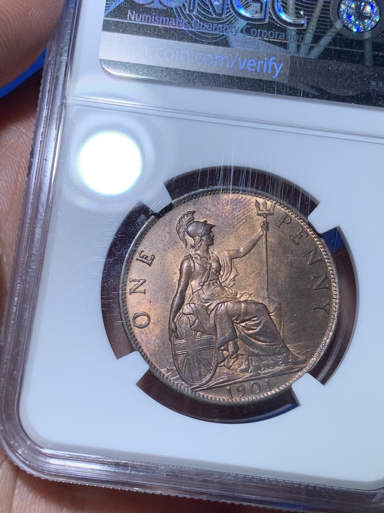 《竞宝斋》第272场- 周日，周一，周二  3场连拍 （全场包邮） NGC MS64RB 英国1901年维多利亚披纱1便士大铜币 铜光闪闪