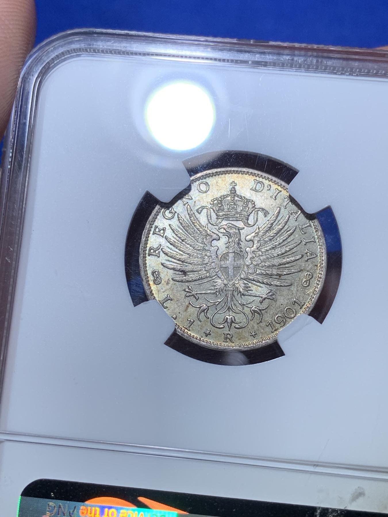 《竞宝斋》第272场- 周日，周一，周二  3场连拍 （全场包邮） NGC MS62 1901年意大利埃马努埃三世1里拉银币 精致漂亮的帝国鹰