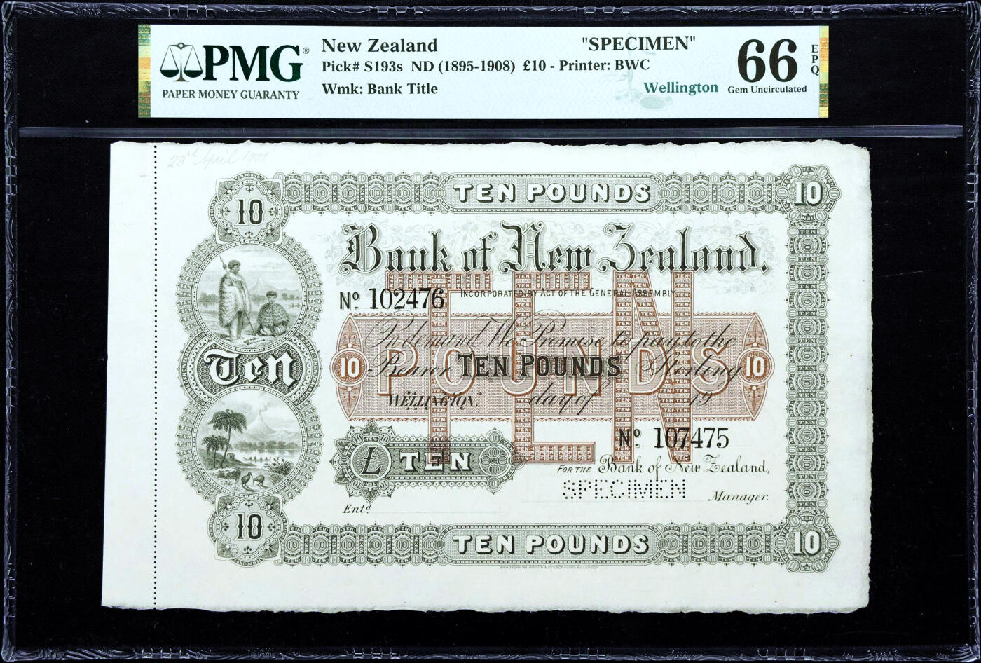 【Blue Auction】✨世界纸币精拍第482期【精】 【唯一冠军分罕见】新西兰 早期 1895-1908年10镑 BWC出品 毛利人 几维鸟 自然风光唯美 超大票幅 PMG66EPQ 带边纸 样钞（克劳斯实钞目录价给出横线和VF12500美金的参考价 仅2张存世 顶级高分样钞仅此一张价值也非常高 可遇不可求） 