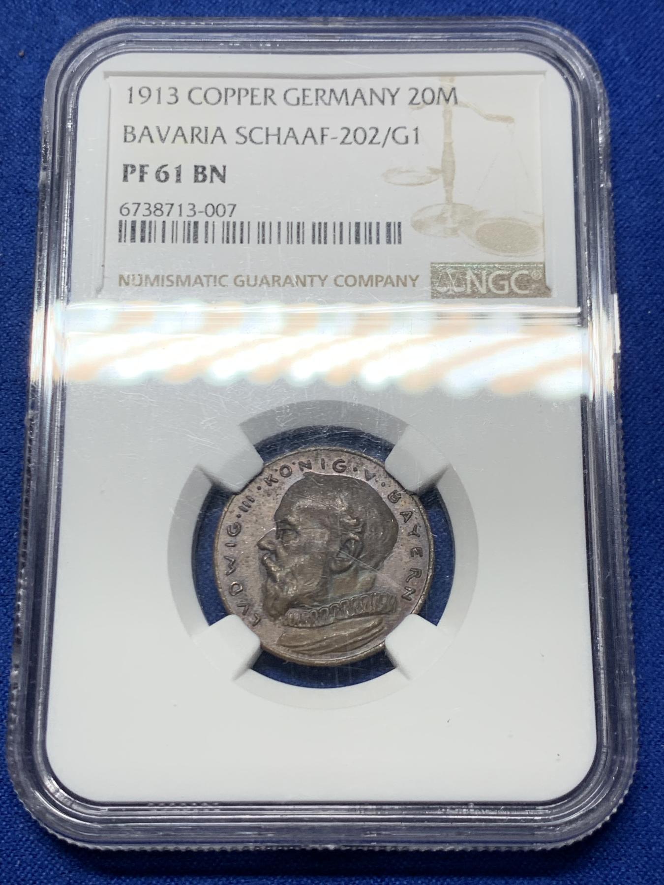 《竞宝斋》第272场- 周日，周一，周二  3场连拍 （全场包邮） NGC PF61BN 德国巴伐利亚1913年20马克精制铜样币 卡尔哥茨大师作品