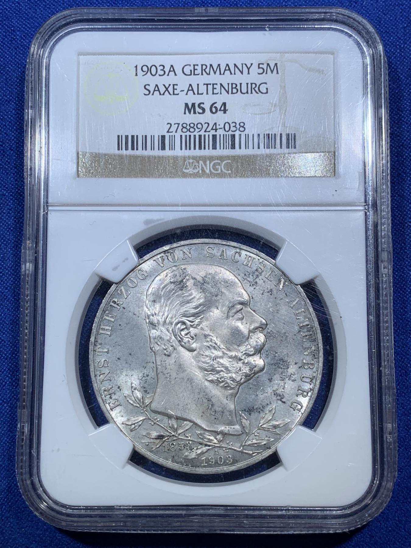 《竞宝斋》第272场- 周日，周一，周二  3场连拍 （全场包邮） NGC MS64 德国1903年萨克森阿尔腾堡，50周年登基纪念 5马克银币 N老盒 状态非常好 MS高分不多见