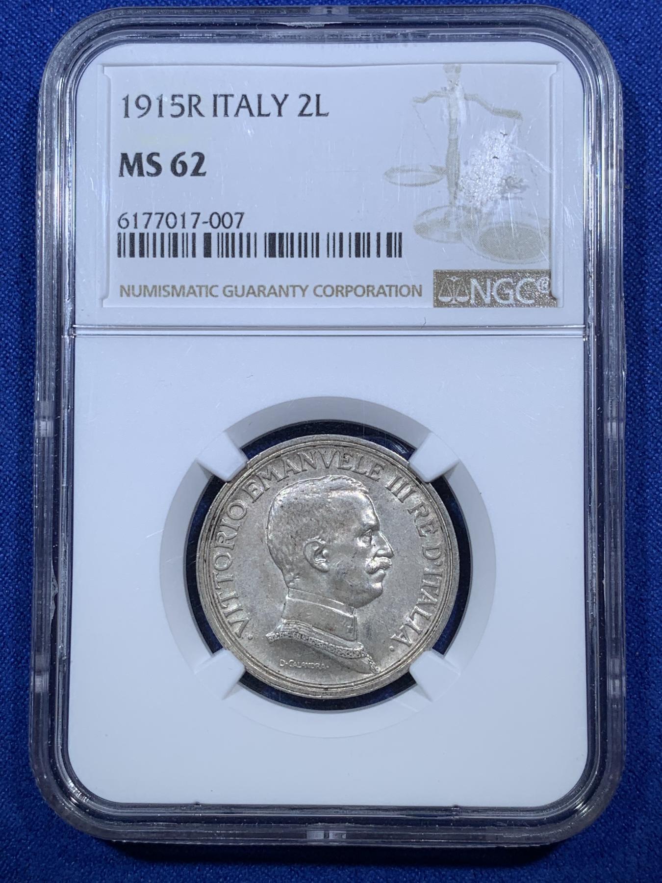 《竞宝斋》第272场- 周日，周一，周二  3场连拍 （全场包邮） NGC MS62 意大利1915年小马车2里拉银币 经典品种 意系入门必备