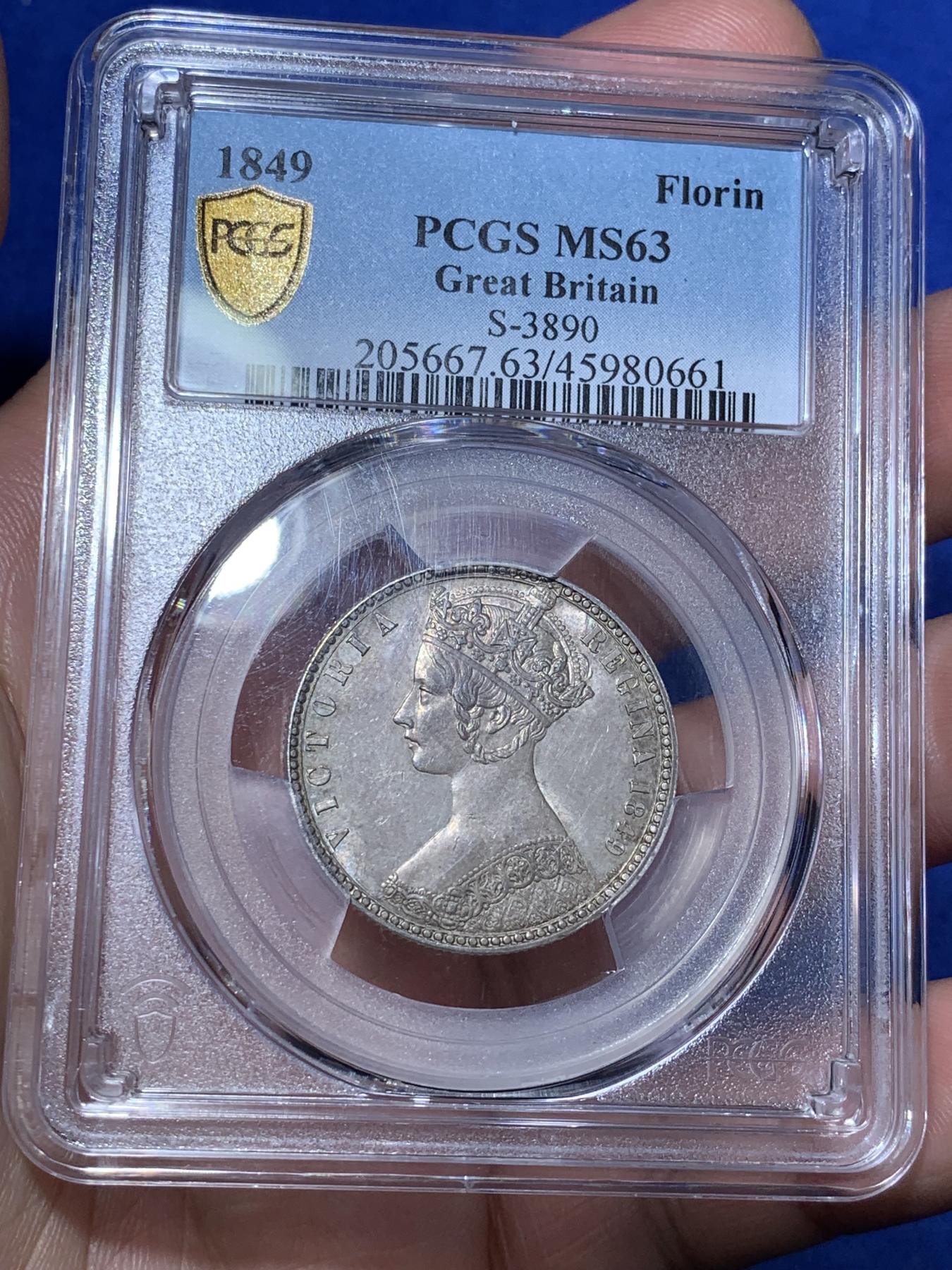《竞宝斋》第272场- 周日，周一，周二  3场连拍 （全场包邮） PCGS MS63 英国1849维多利亚无神弗洛林 欧洲包浆 色彩匀称 底板出色 热门品种 近年受人追捧 一枚足以入藏！