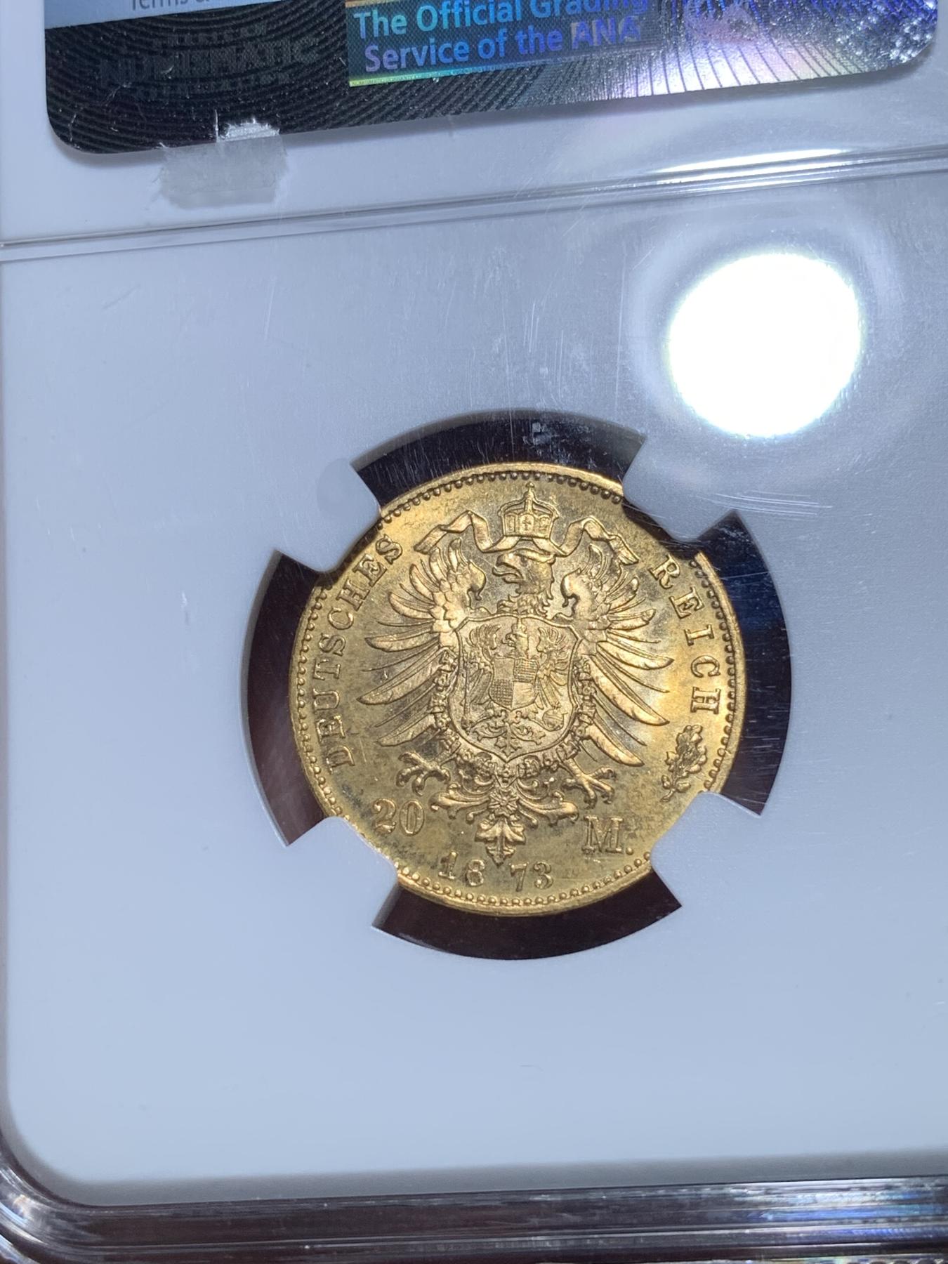 《竞宝斋》第272场- 周日，周一，周二  3场连拍 （全场包邮） NGC MS63 德国巴伐利亚1873 路德维希二世 20马克金币 首拍品种 非常难得