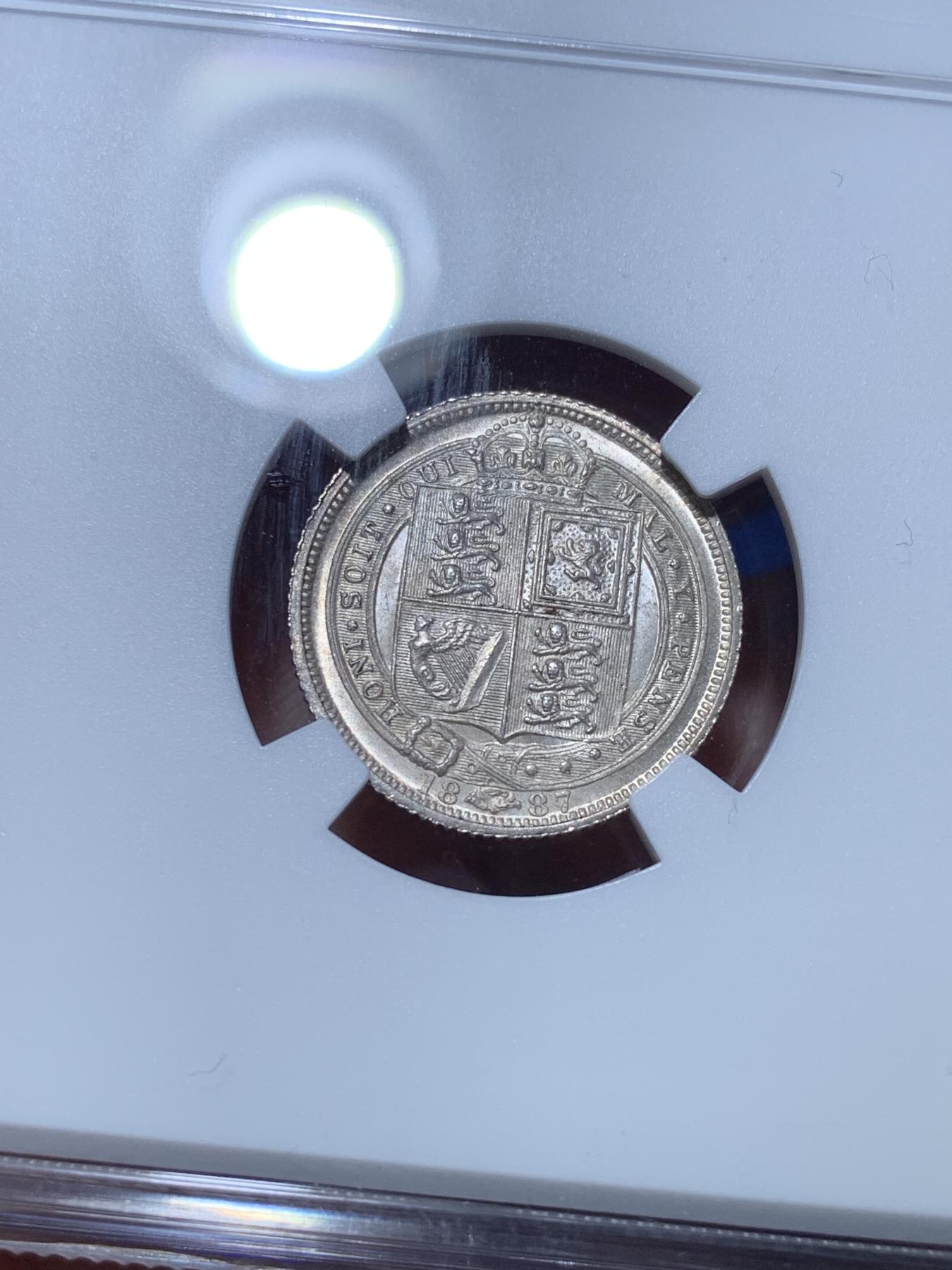 《竞宝斋》第272场- 周日，周一，周二  3场连拍 （全场包邮） NGC MS64 英国1887年维多利亚高冠6便士银币 丝滑底板 高分状态