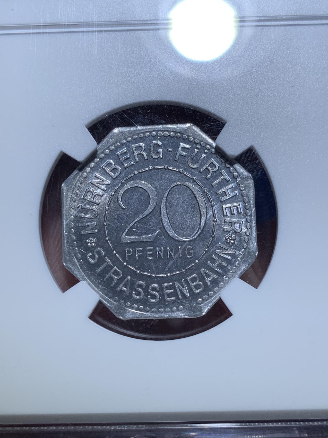 《竞宝斋》第272场- 周日，周一，周二  3场连拍 （全场包邮） NGC MS64 德国1920德紧纽伦堡电车代用币20芬尼八角币