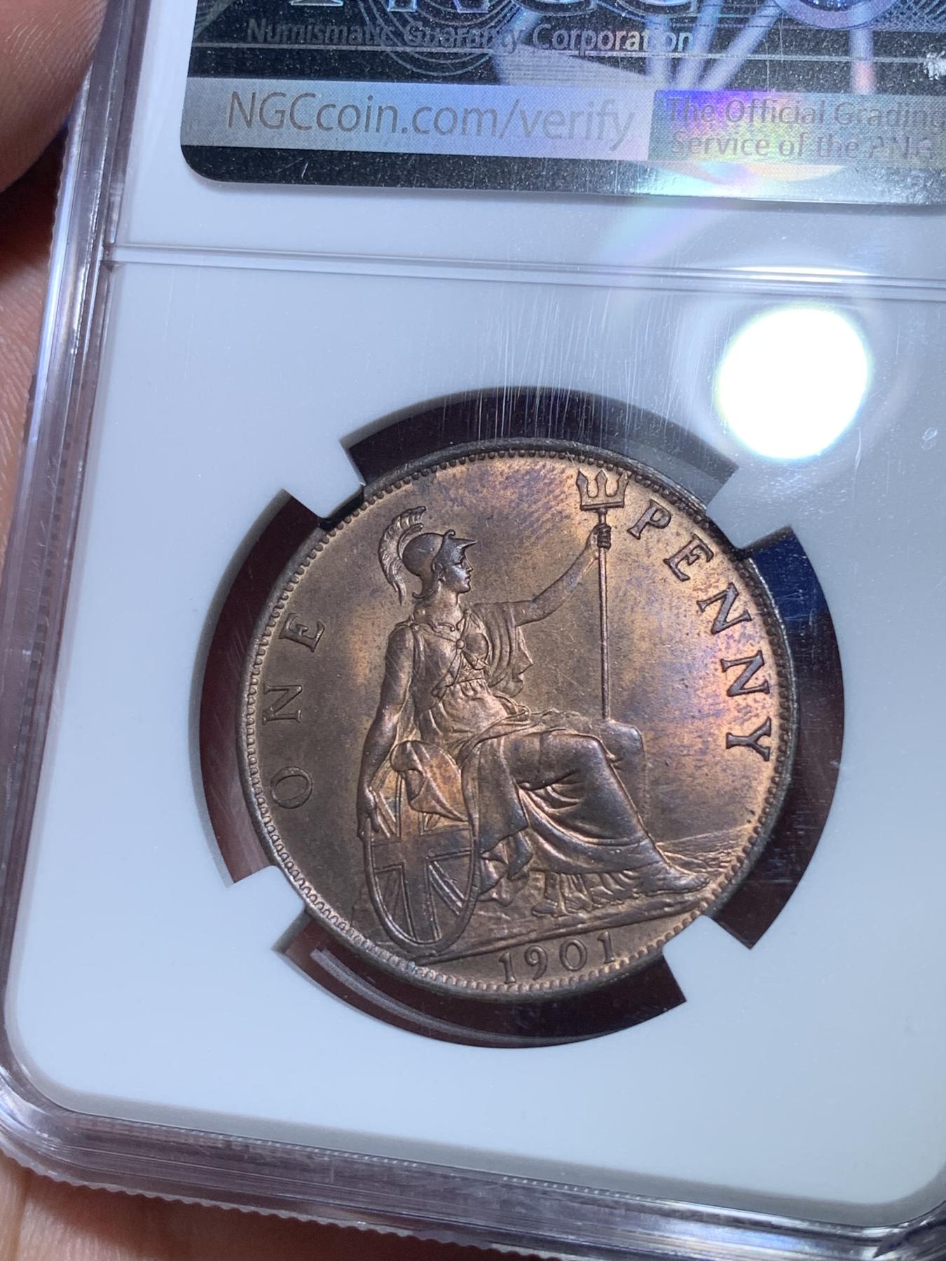 《竞宝斋》第272场- 周日，周一，周二  3场连拍 （全场包邮） NGC MS64RB 英国1901年维多利亚披纱1便士大铜币 铜光闪闪