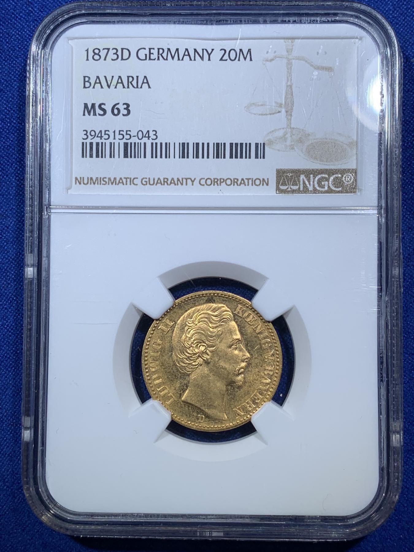 《竞宝斋》第272场- 周日，周一，周二  3场连拍 （全场包邮） NGC MS63 德国巴伐利亚1873 路德维希二世 20马克金币 首拍品种 非常难得