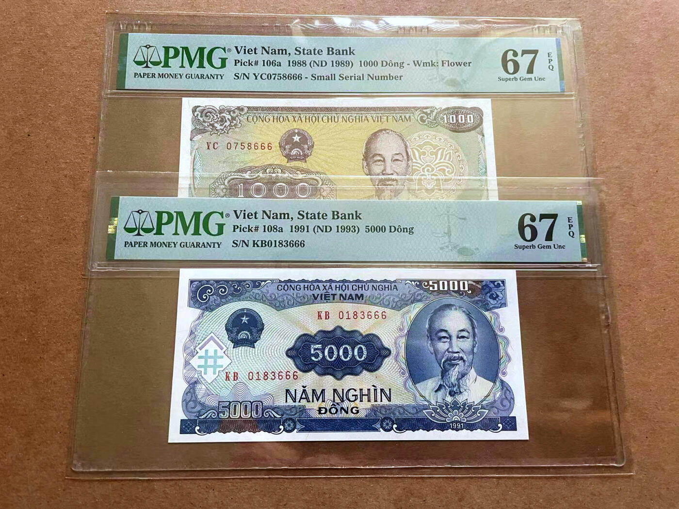 【Blue Auction】✨世界纸币精拍第482期【精】 【一组2张 666豹子号】越南 1988-91年1000-5000盾 PMG67EPQ 高分