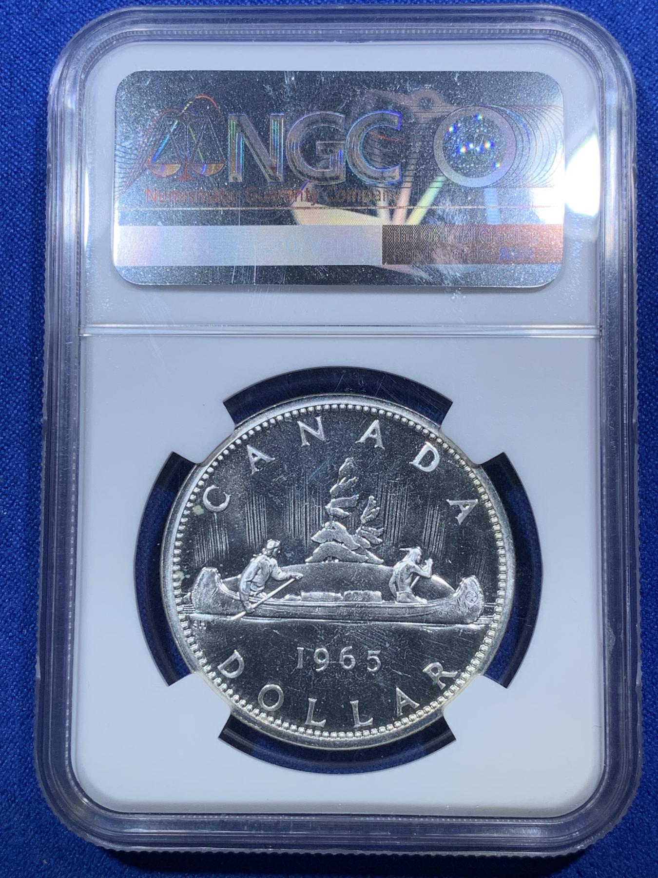 《竞宝斋》第272场- 周日，周一，周二  3场连拍 （全场包邮） NGC PL65 加拿大1965年伊丽莎白二世少妇头像一元划船大银币 小珠子配尖5版别