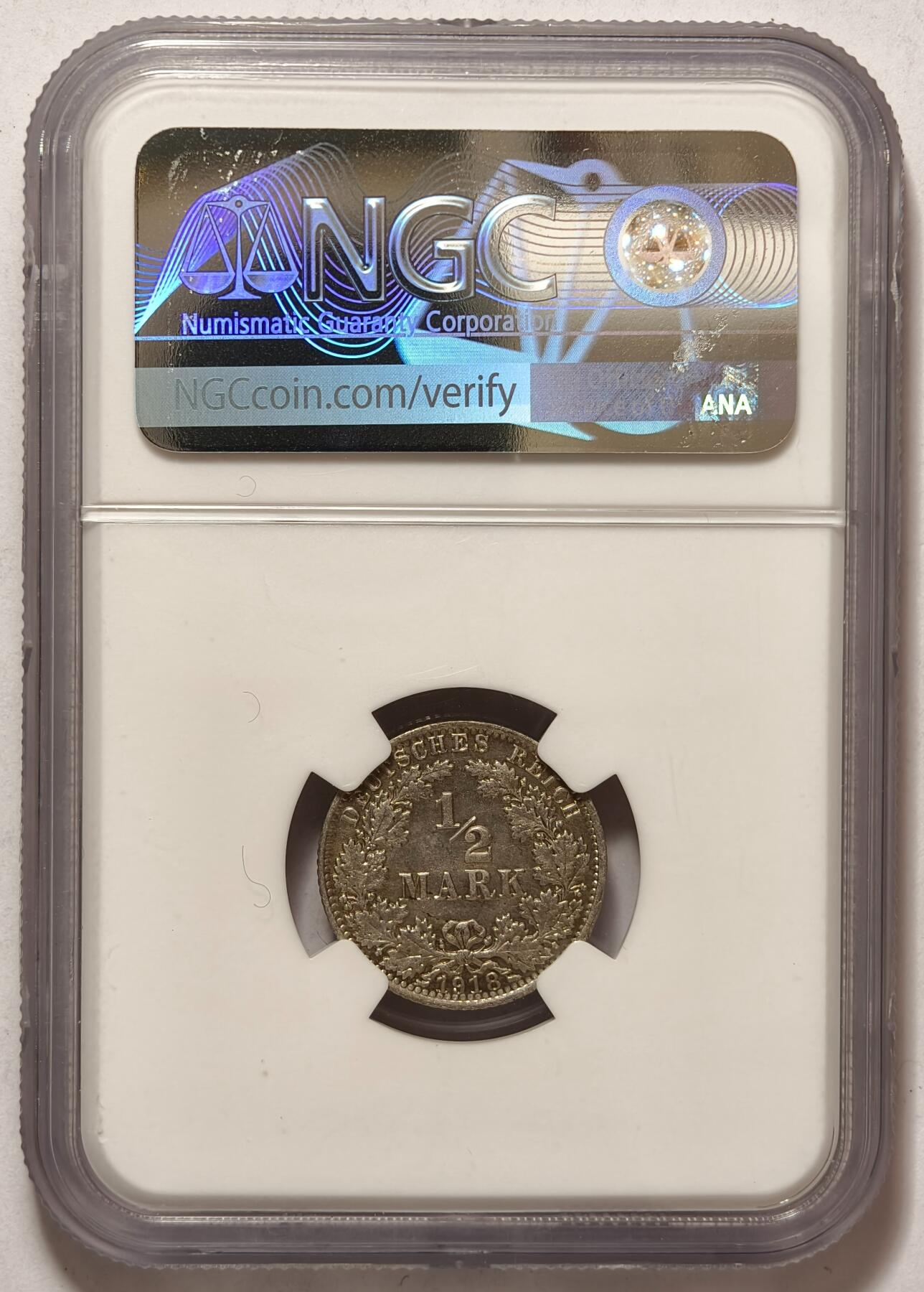 紫瑗钱币——第428期 德国 1918年 A版 第二帝国 1/2马克 银币 NGC MS64