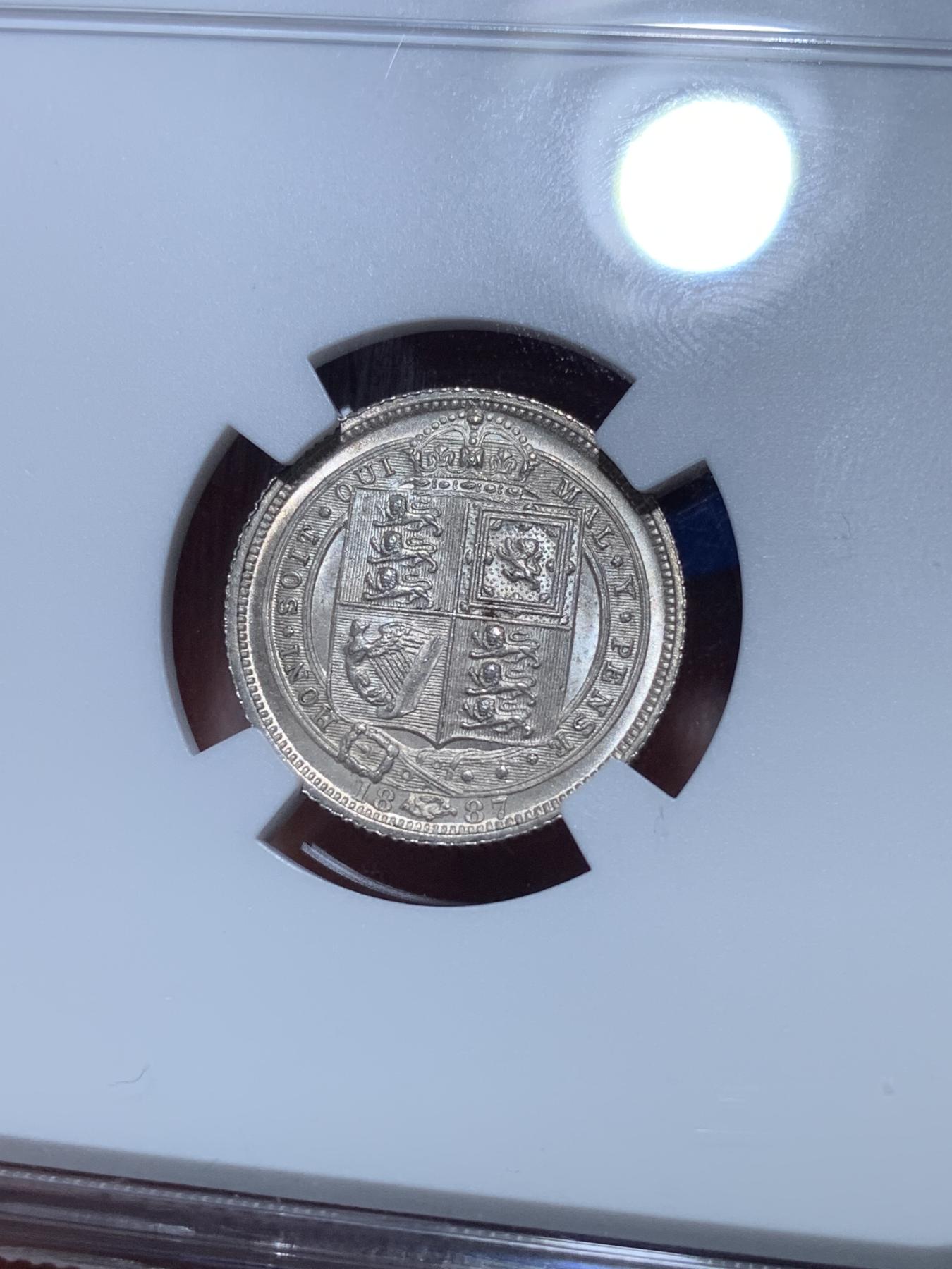 《竞宝斋》第272场- 周日，周一，周二  3场连拍 （全场包邮） NGC MS64 英国1887年维多利亚高冠6便士银币 丝滑底板 高分状态