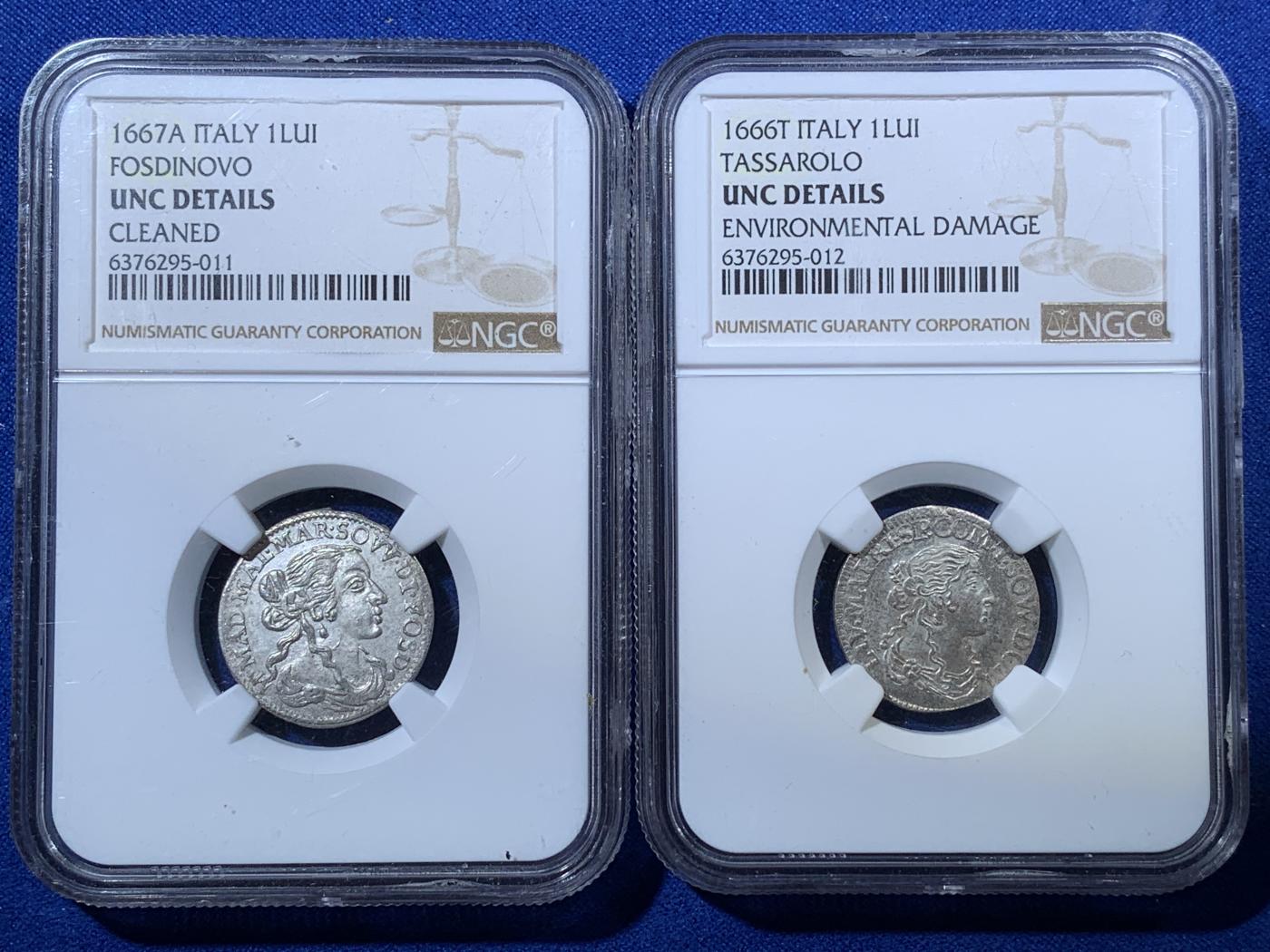 《竞宝斋》第272场- 周日，周一，周二  3场连拍 （全场包邮） 两枚一组 NGC UNCD 意大利早期Tassarolo邦和Fosdinovo邦的1luigino。很小很少见的两个邦国，几乎查不到资料，模仿法国1/12ecu铸造的。裸币来自英国老藏家的收藏，打了盒子给了UNCD，看着有机会ms，评级费太贵了，按照uncd的价格出