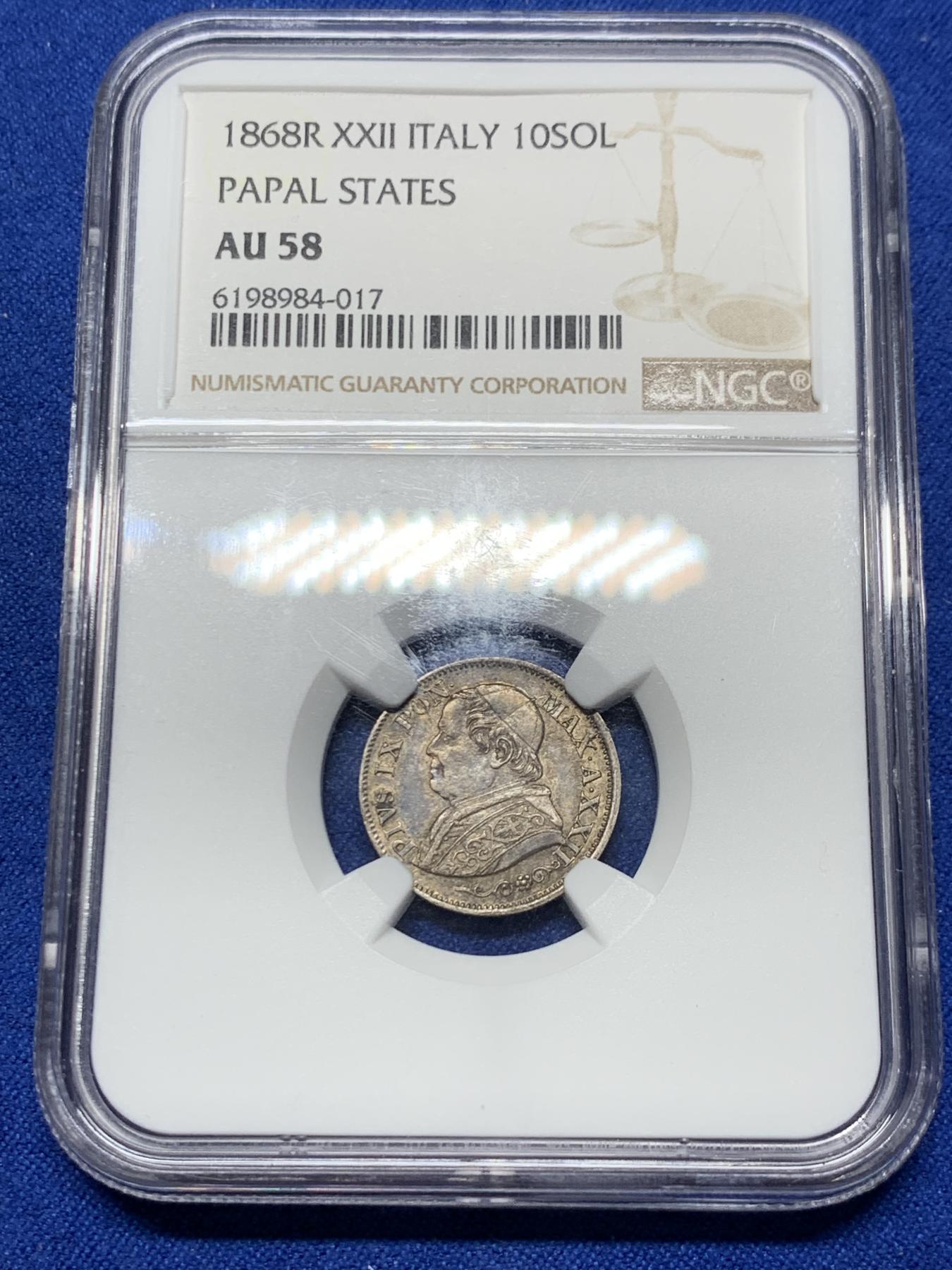 《竞宝斋》第272场- 周日，周一，周二  3场连拍 （全场包邮） NGC AU58 1868年意大利教皇国10S银币 包浆均匀漂亮
