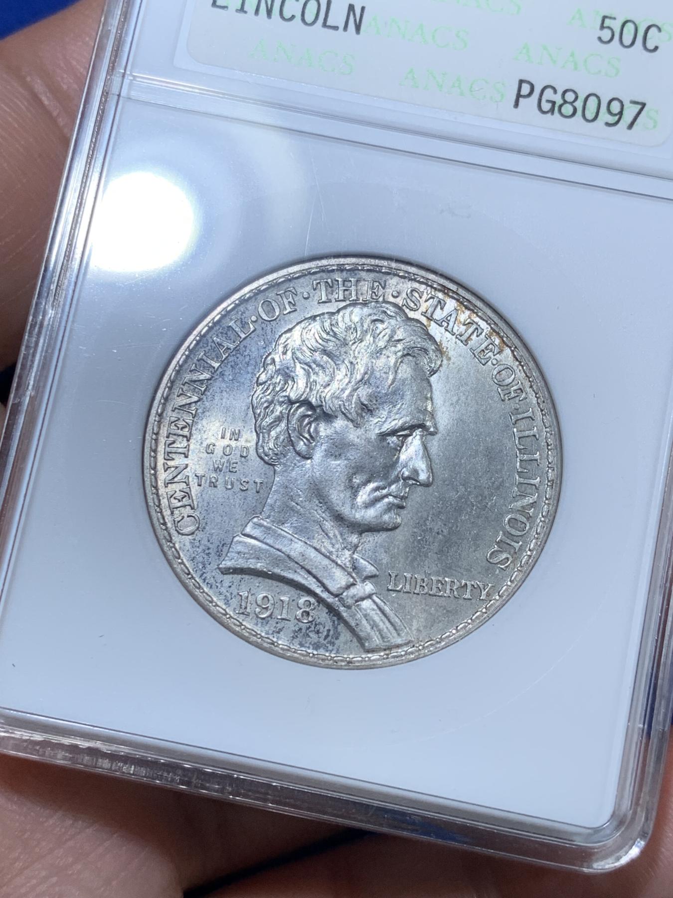 《竞宝斋》第272场- 周日，周一，周二  3场连拍 （全场包邮） ANACS MS64 美国 1918年 林肯半美元银币 纪念币 经典设计 50美分中不可或缺的一枚 早期小白盒 状态很好