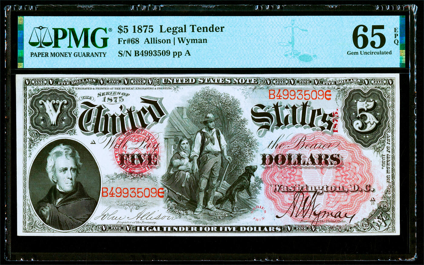 【Blue Auction】✨世界纸币精拍第482期【精】    【仅3张更高分 亚军分】美国 1875年5美金 经典伐木工早期版本 大红库印 设计非常震撼精美 PMG65EPQ 绝品大票幅难得（非1907常见版本）