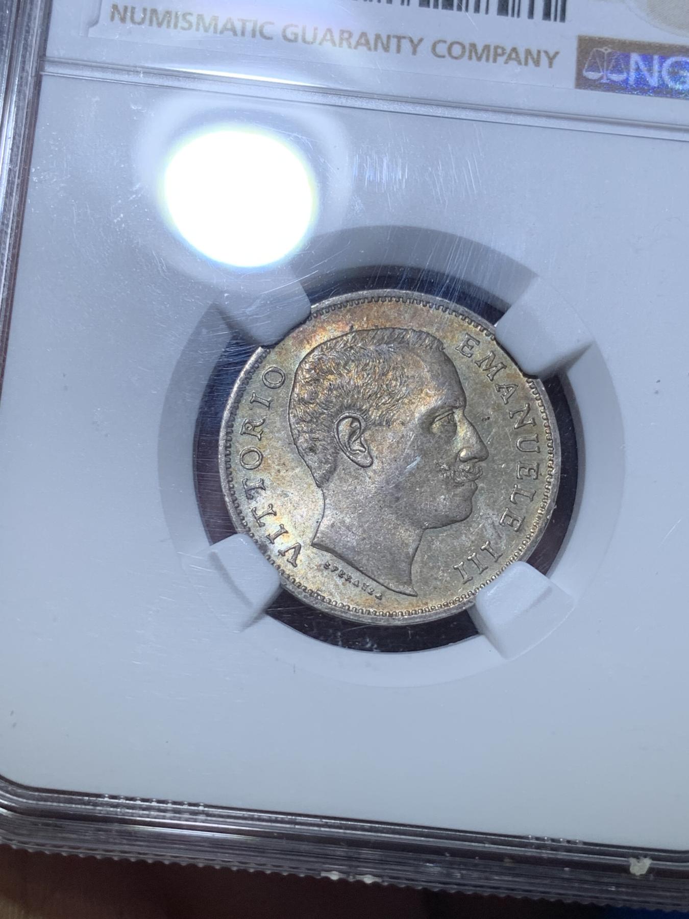 《竞宝斋》第272场- 周日，周一，周二  3场连拍 （全场包邮） NGC MS62 1901年意大利埃马努埃三世1里拉银币 精致漂亮的帝国鹰