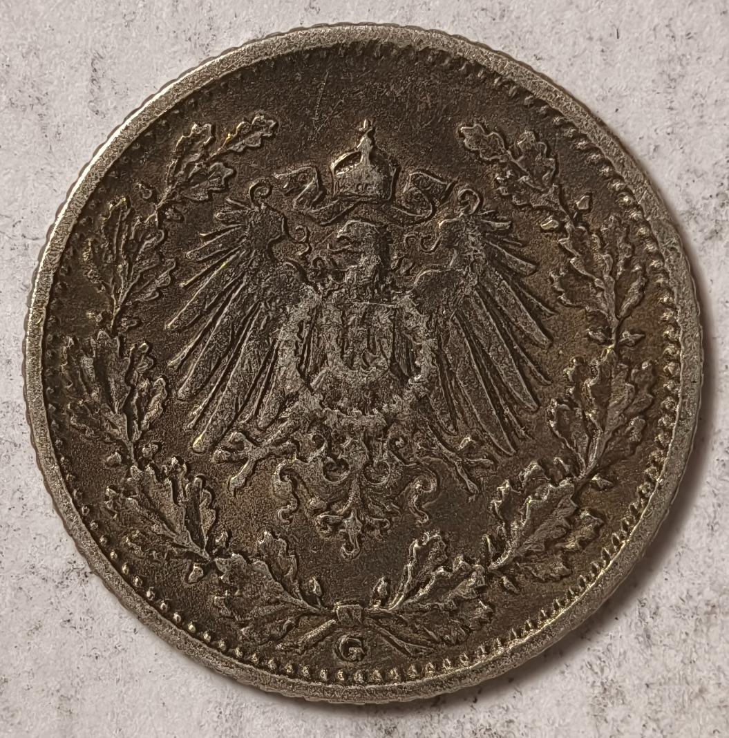 紫瑗钱币——第374期拍卖 德国 1906年 G版 第二帝国 1/2马克 银币 2.77克 0.9银 漆黑包浆