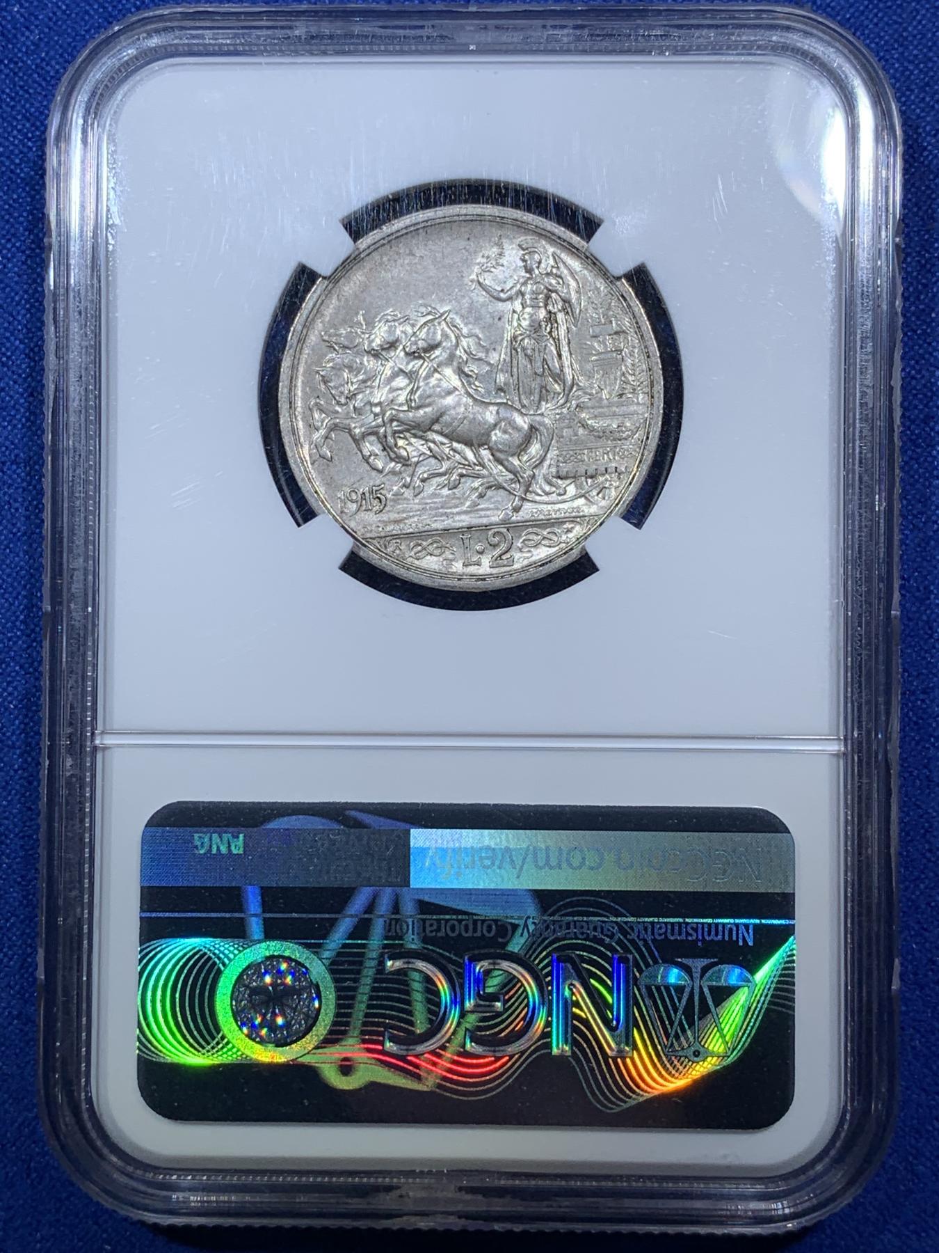 《竞宝斋》第272场- 周日，周一，周二  3场连拍 （全场包邮） NGC MS62 意大利1915年小马车2里拉银币 经典品种 意系入门必备