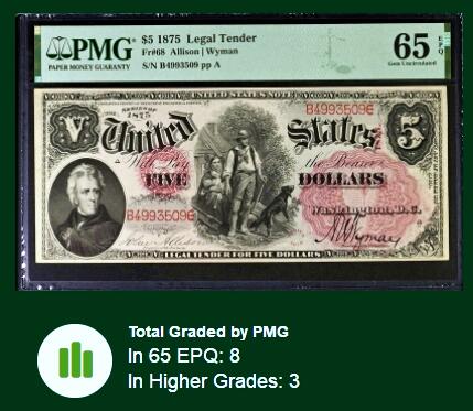 【Blue Auction】✨世界纸币精拍第482期【精】    【仅3张更高分 亚军分】美国 1875年5美金 经典伐木工早期版本 大红库印 设计非常震撼精美 PMG65EPQ 绝品大票幅难得（非1907常见版本）