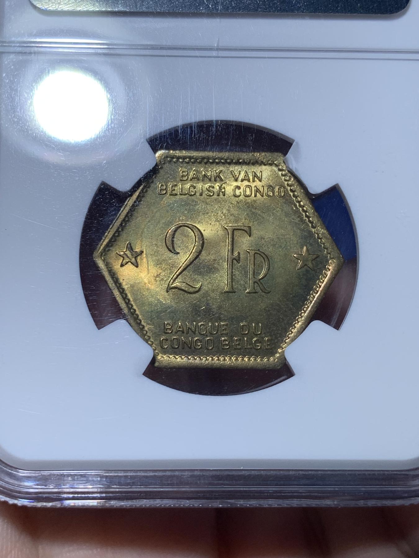 《竞宝斋》第272场- 周日，周一，周二  3场连拍 （全场包邮） NGC MS64 比属刚果1943年六边形大象2法郎 全原光少见