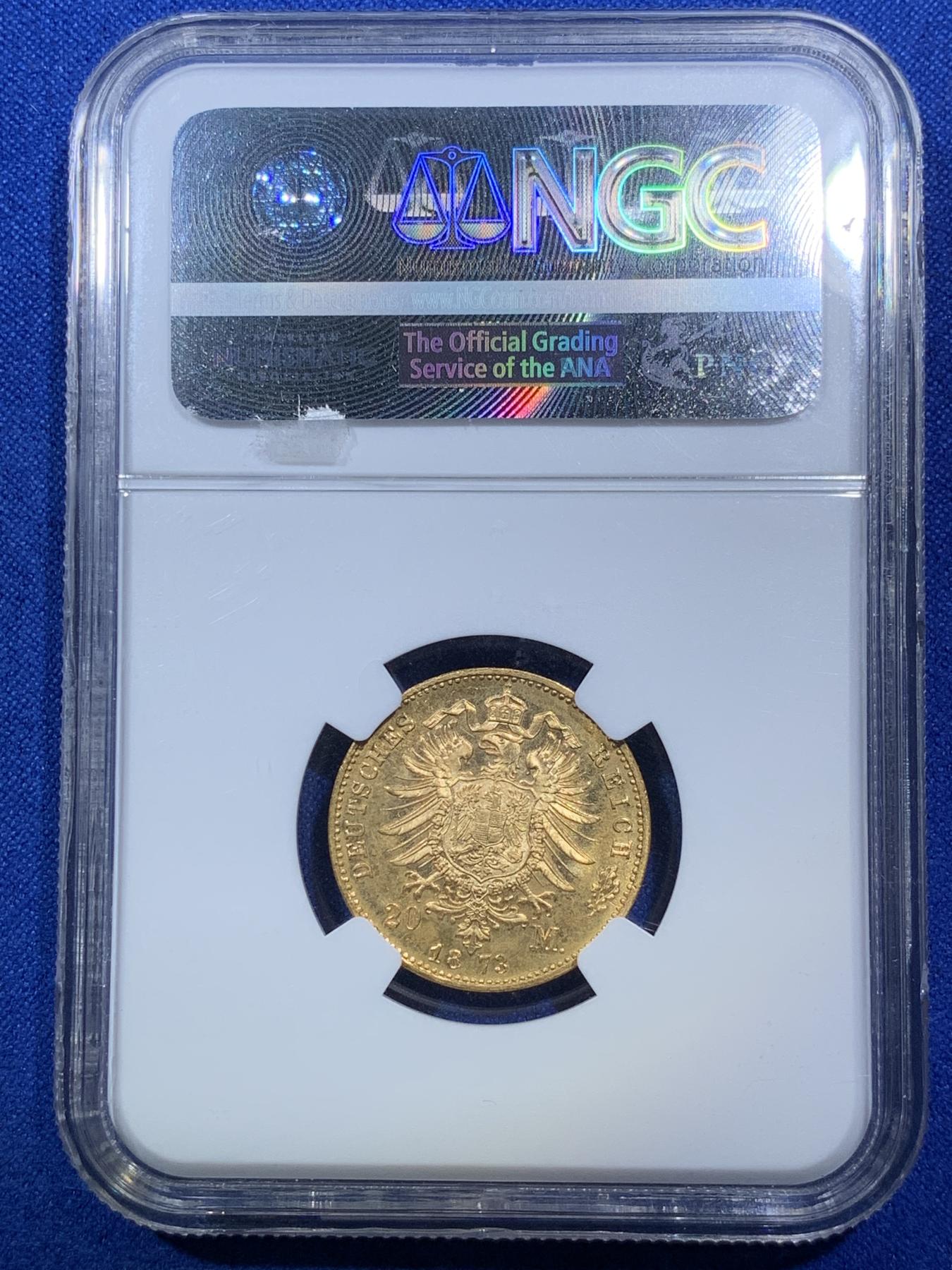 《竞宝斋》第272场- 周日，周一，周二  3场连拍 （全场包邮） NGC MS63 德国巴伐利亚1873 路德维希二世 20马克金币 首拍品种 非常难得