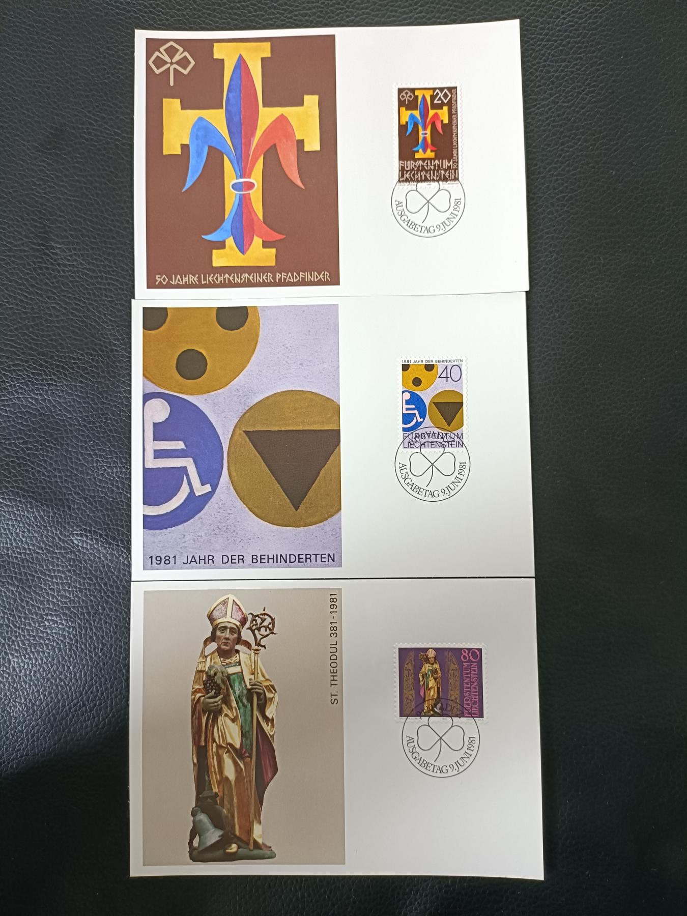 ②列支敦士登邮票 1981 童子军 残疾人 徽章 雕塑 极限片 3全 新