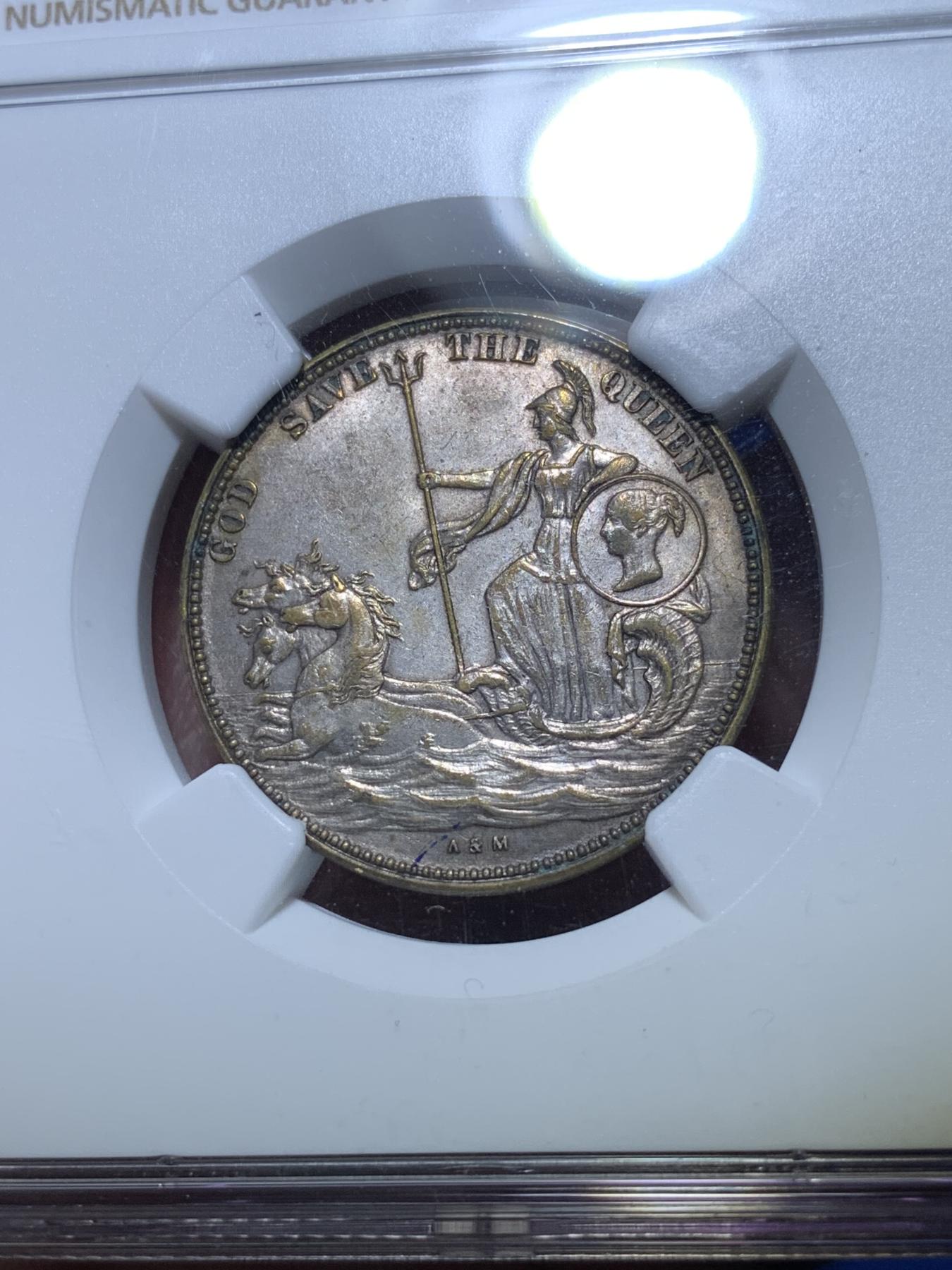 《竞宝斋》第272场- 周日，周一，周二  3场连拍 （全场包邮） NGC MS62 英国1850年 2先令 与双色克朗同属一个系列 非常少见