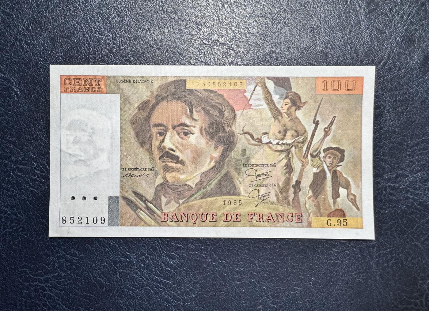 收藏联盟Quantum Auction 第349期拍卖  法国1985年100法郎 品相UNC- 水印处有瑕疵 德拉克洛瓦