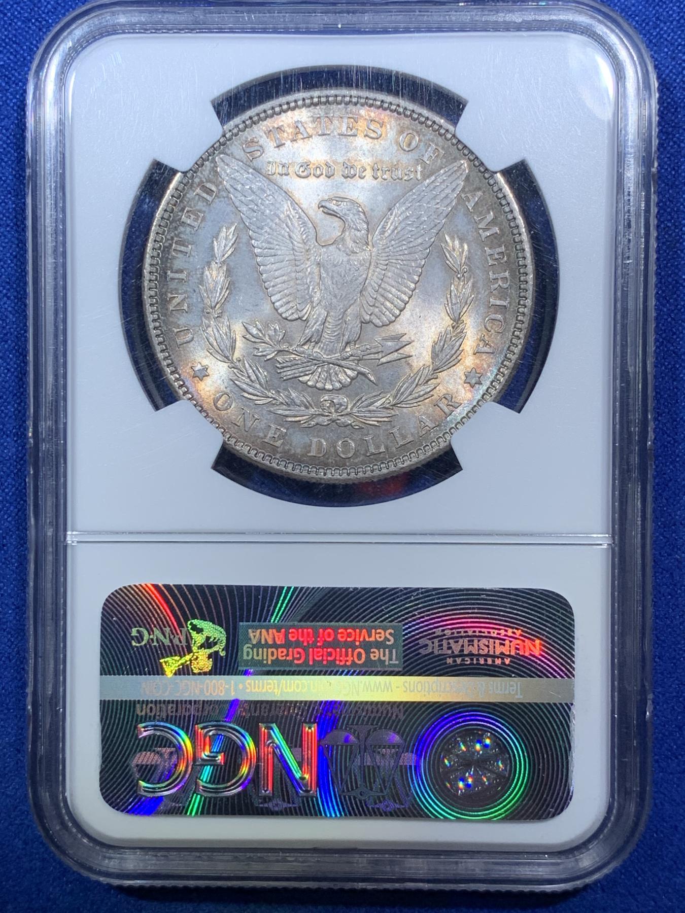 《竞宝斋》第272场- 周日，周一，周二  3场连拍 （全场包邮） NGC MS64 美国1885年摩根银币 深重五彩包浆