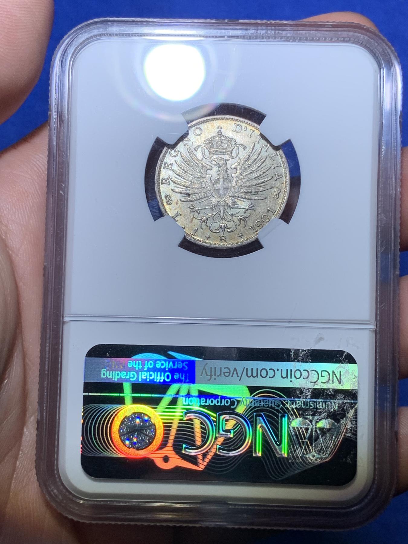 《竞宝斋》第272场- 周日，周一，周二  3场连拍 （全场包邮） NGC MS62 1901年意大利埃马努埃三世1里拉银币 精致漂亮的帝国鹰