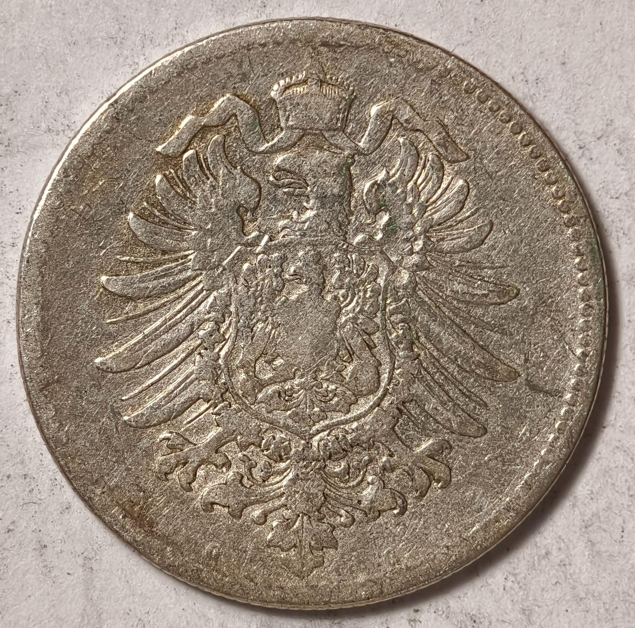 紫瑗钱币——第374期拍卖 德国 1885年 G版 第二帝国 短翅 1马克 5.5克 0.9银