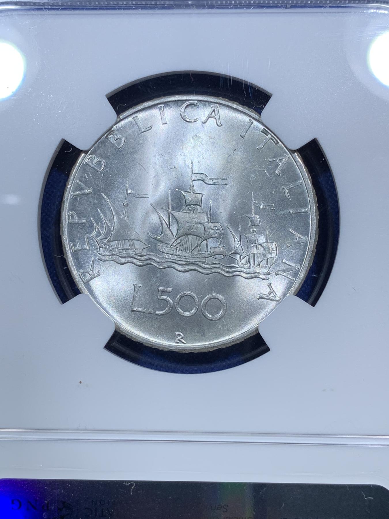 《竞宝斋》第272场- 周日，周一，周二  3场连拍 （全场包邮） NGC MS64 意大利 1967年 500里拉 美女帆船 银币 卷拆品