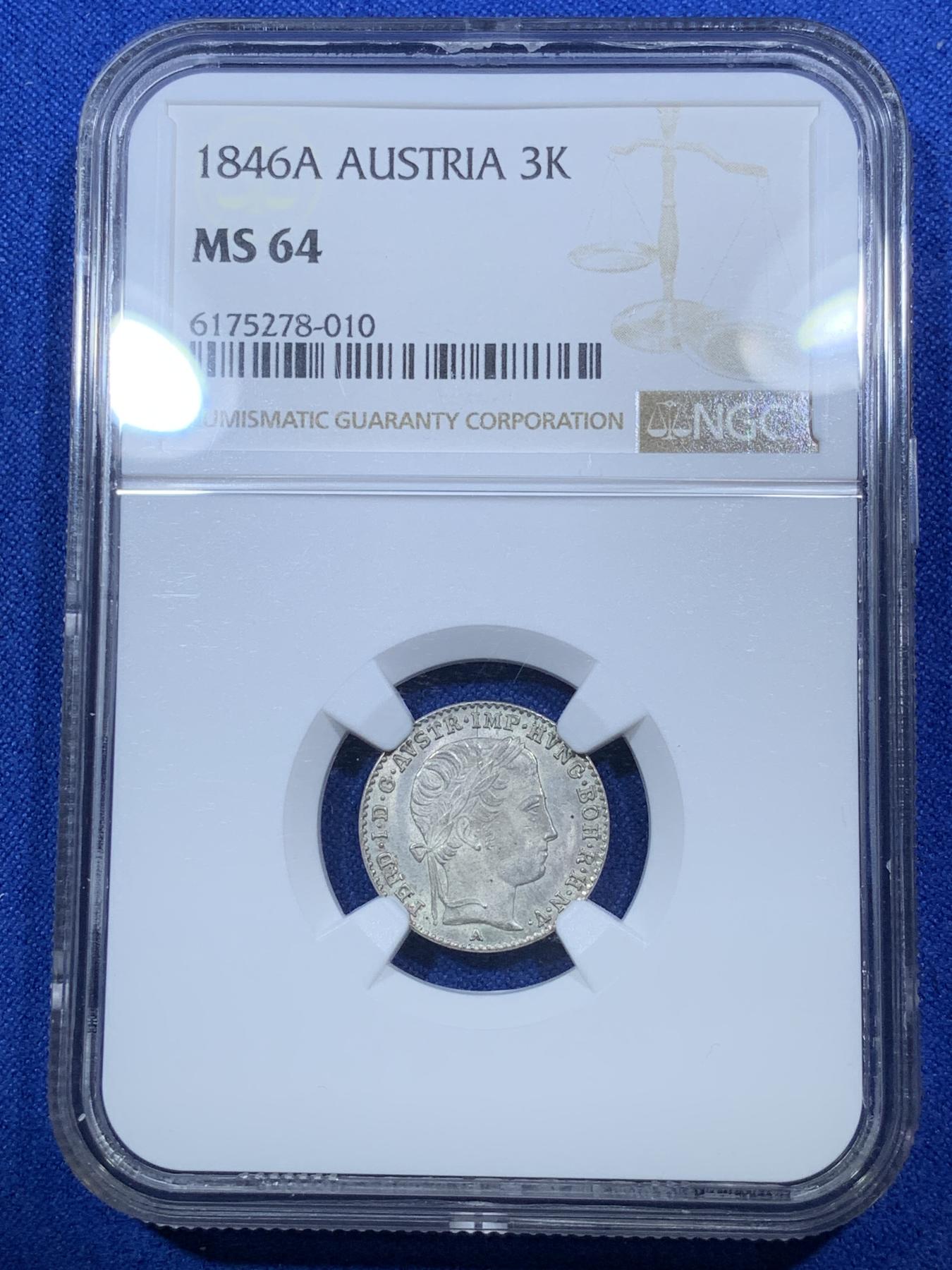 《竞宝斋》第272场- 周日，周一，周二  3场连拍 （全场包邮） NGC MS64 1846年奥地利帝国费迪南一世3科鲁泽银币