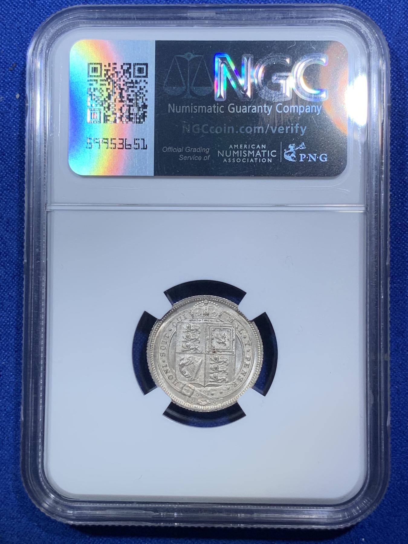 《竞宝斋》第272场- 周日，周一，周二  3场连拍 （全场包邮） NGC MS64 英国1887年维多利亚高冠6便士银币 丝滑底板 高分状态